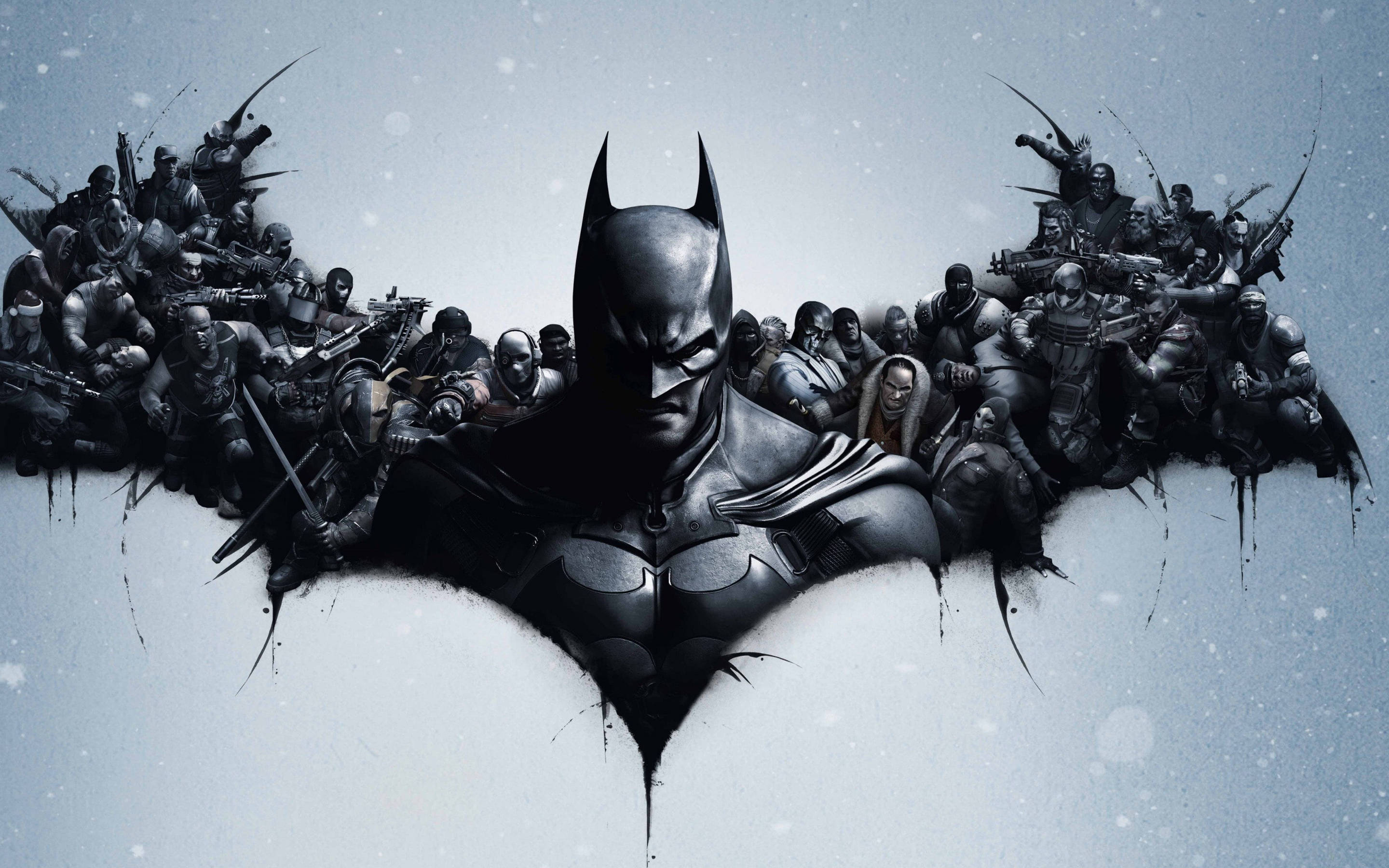 Batman, bat-shaped silhouette, armed adversaries, 2K Desktop Wallpaper