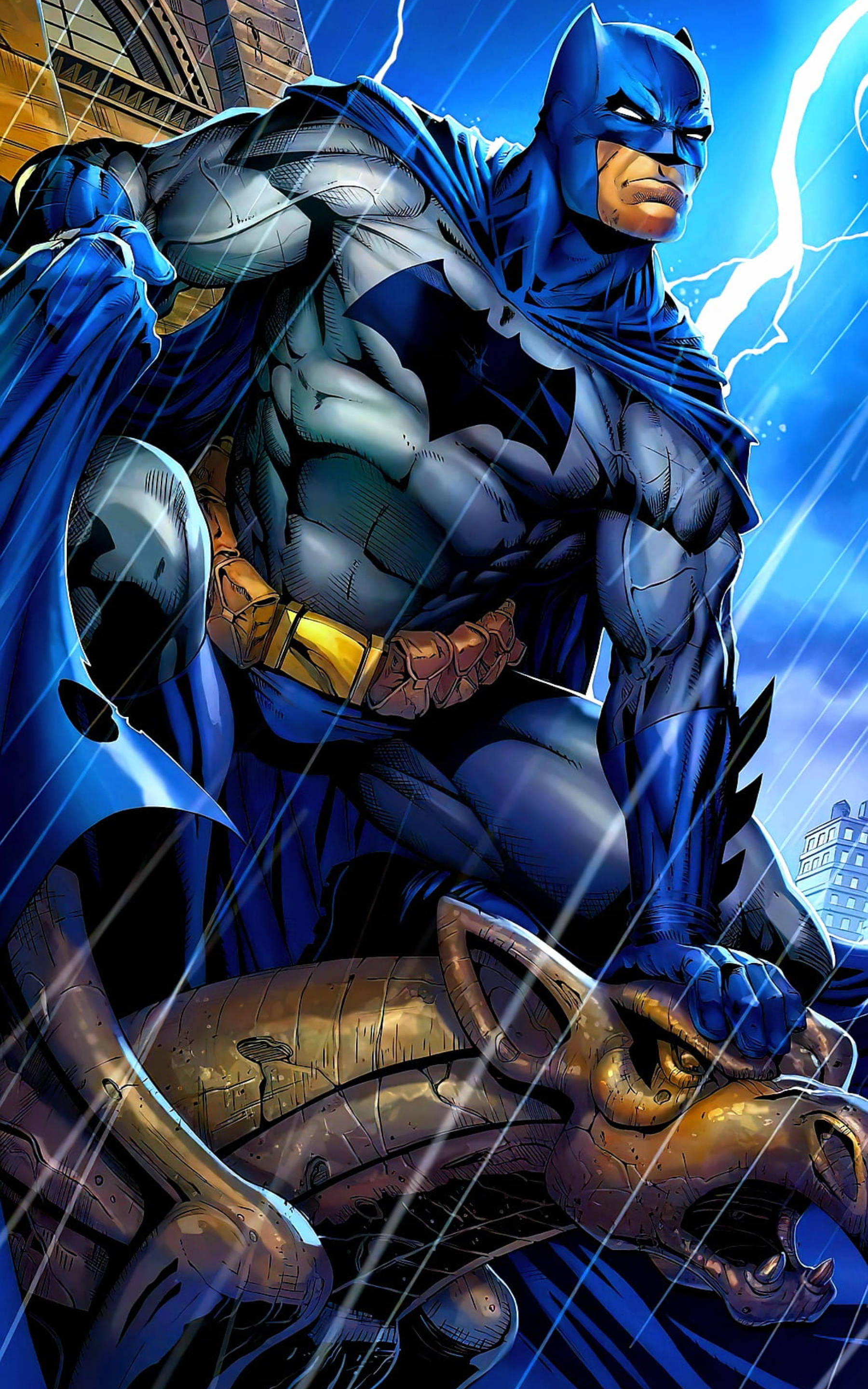 Batman, gargoyle, stormy cityscape, 2K Phone Wallpaper