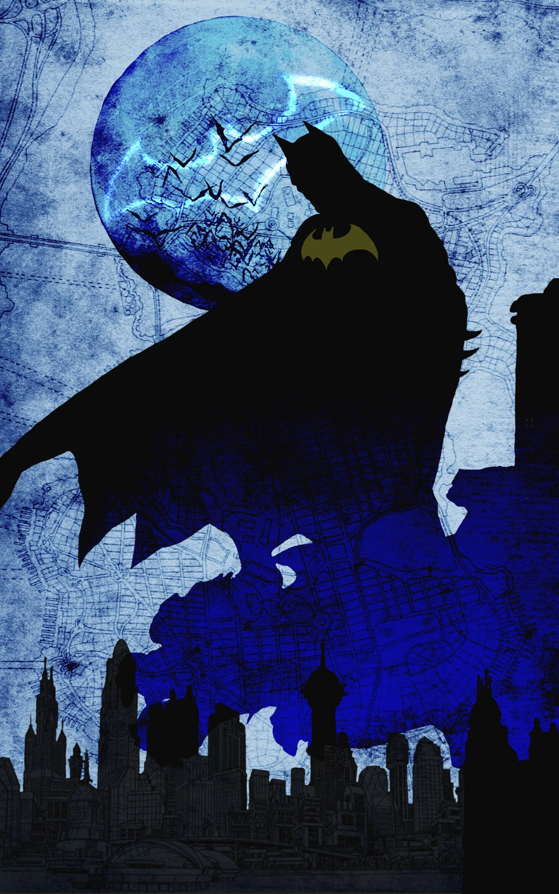 Batman, blue moon, city skyline, 2K Phone Wallpaper