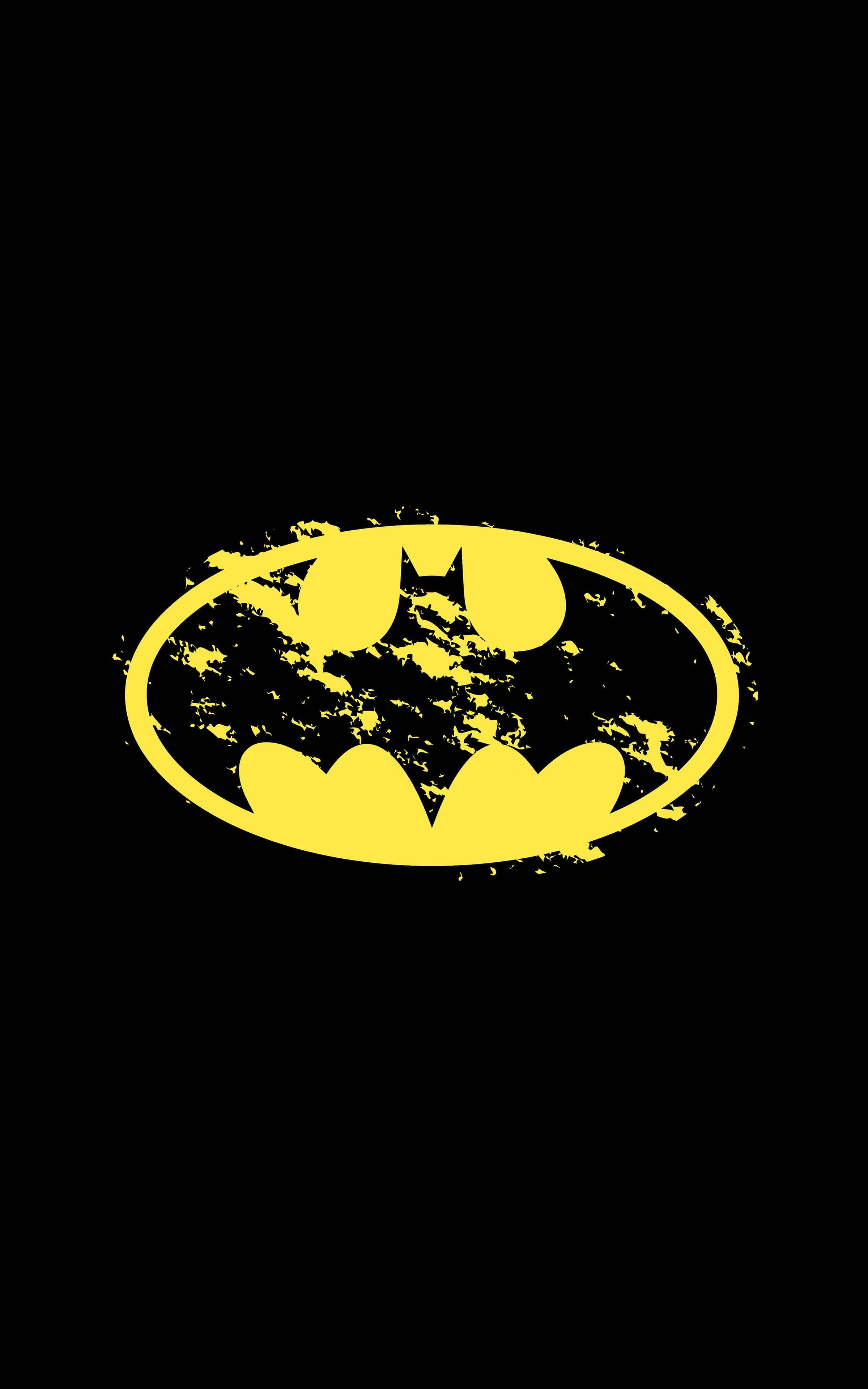 yellow Batman logo, distressed texture, stark black background, 4K Phone Wallpaper