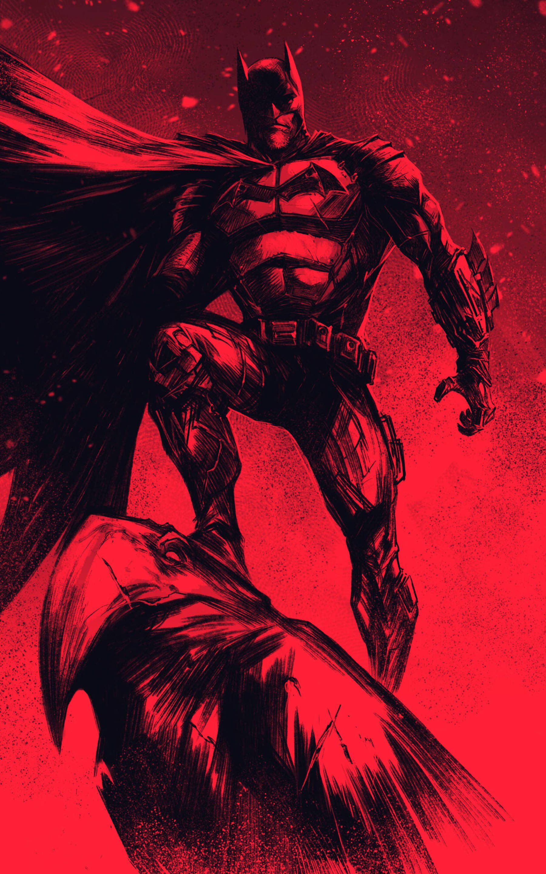 Batman, red monochrome illustration, cape flowing, 2K Phone Wallpaper