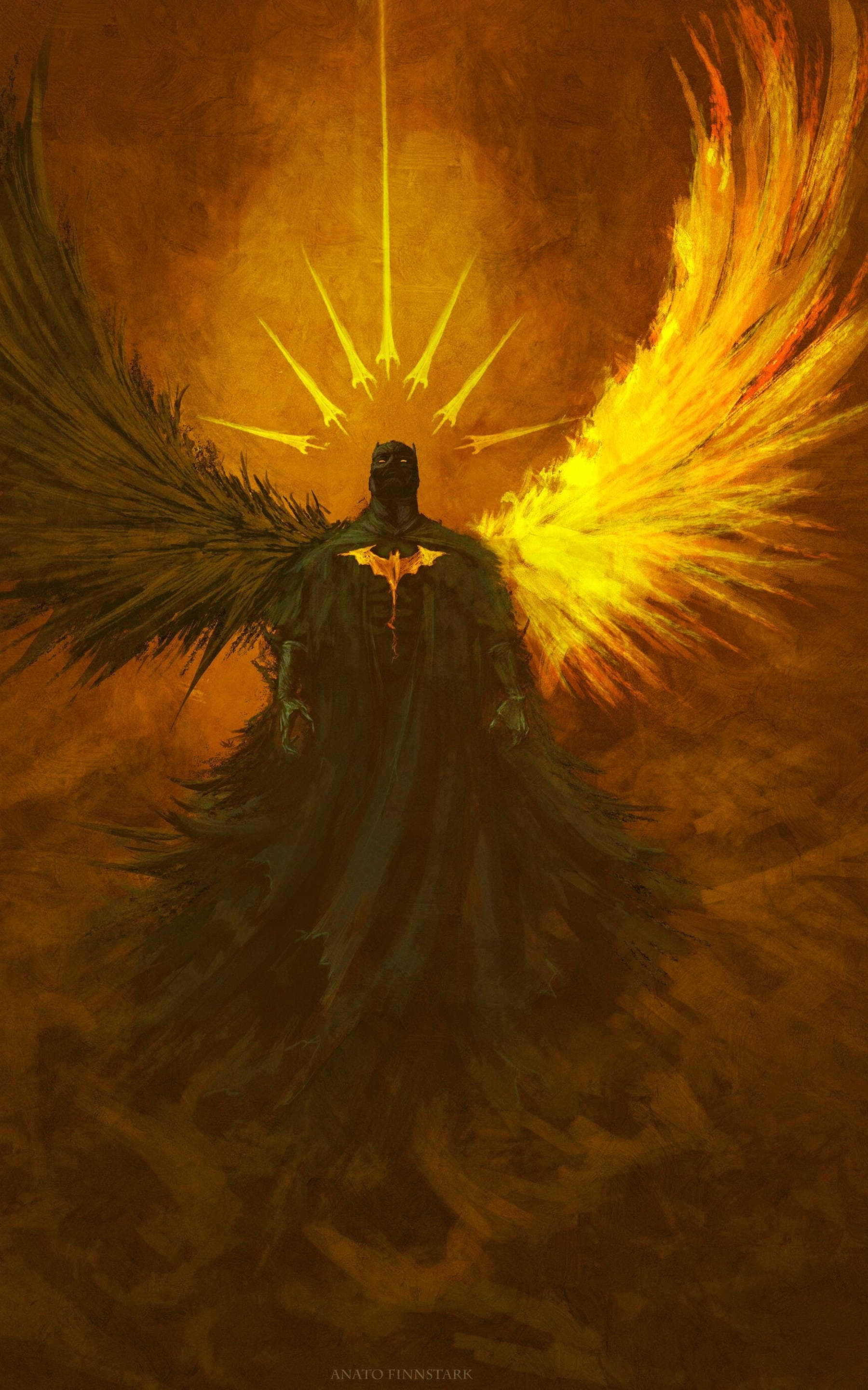 Batman, yellow glow, flaming wing, 2K Phone Wallpaper
