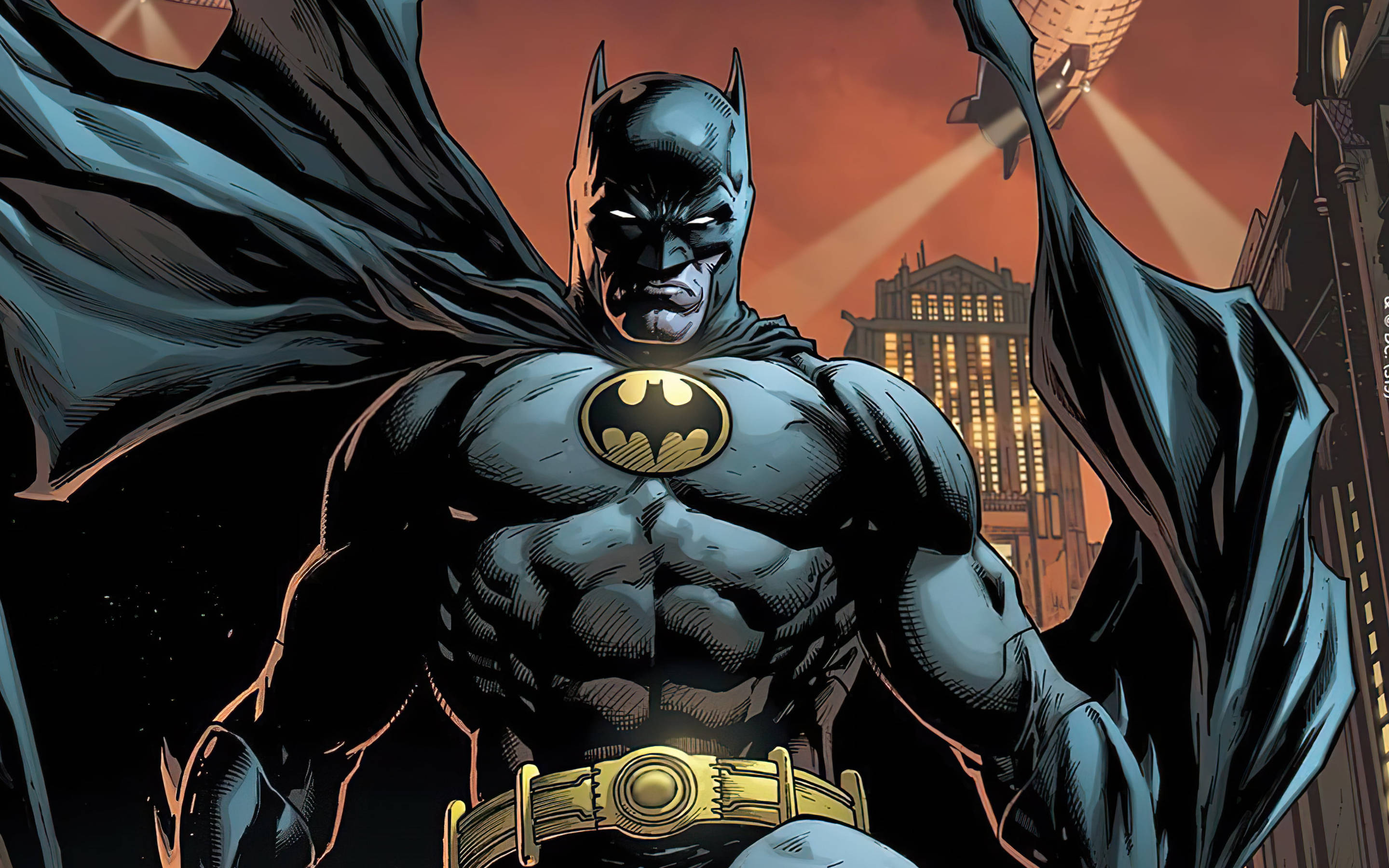 Batman, dark cape, fiery orange city skyline, 2K Desktop Wallpaper