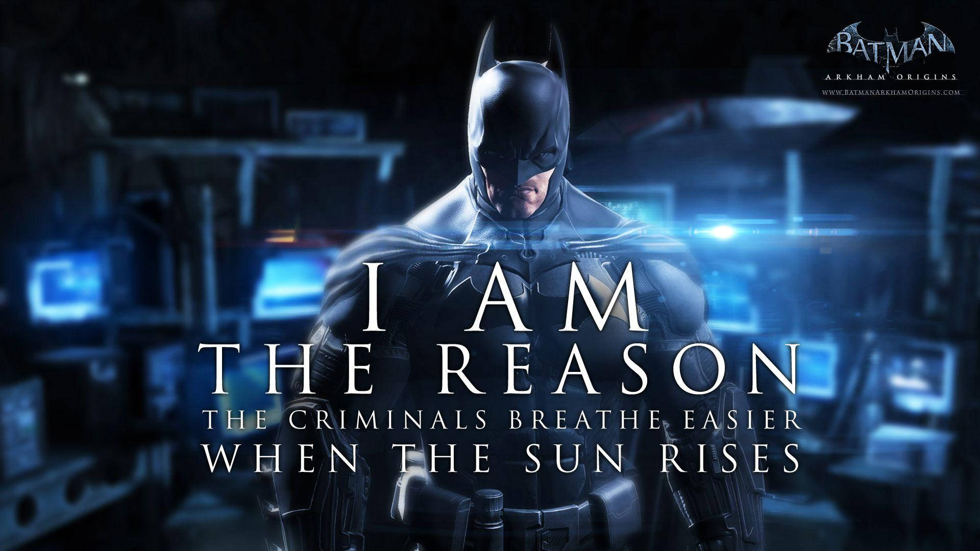 Batman, I AM THE REASON THE CRIMINALS BREATHE EASIER WHEN THE SUN RISES, glowing blue screens, Full HD Desktop Wallpaper