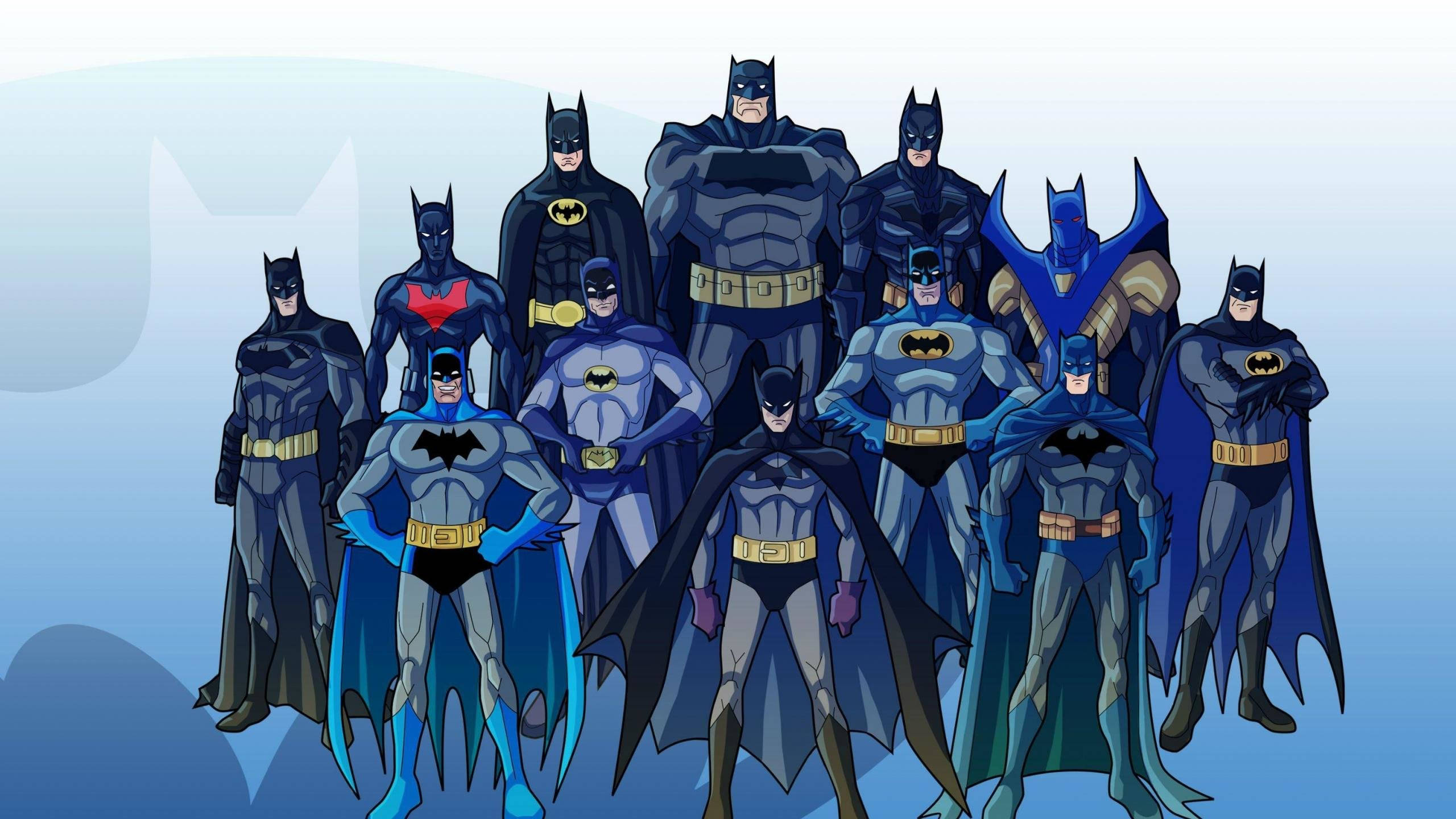 Batman, iconic costumes, soft blue gradient background, 2K Desktop Wallpaper