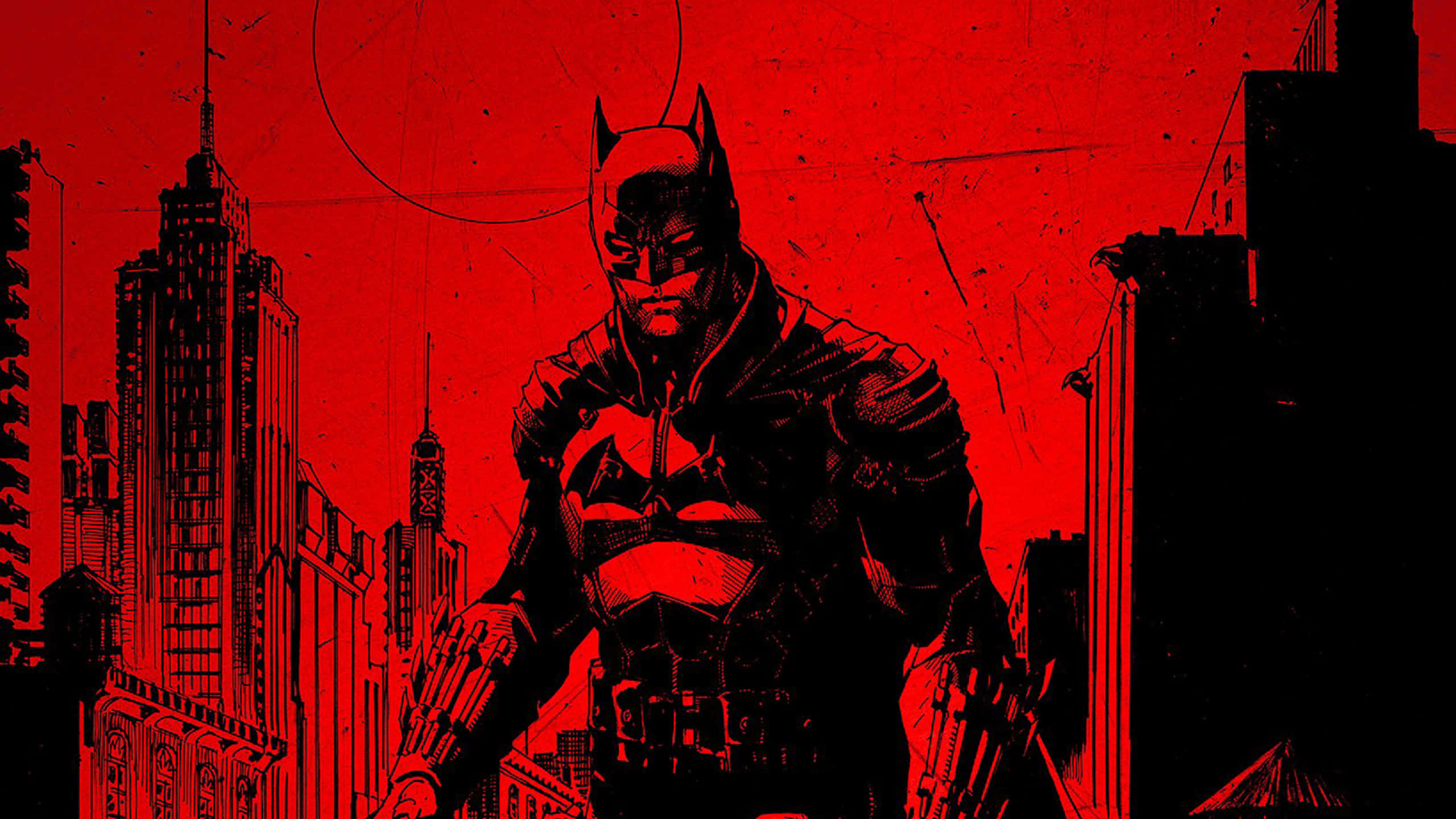 Batman, Gotham, blood red cityscape, 2K Desktop Wallpaper