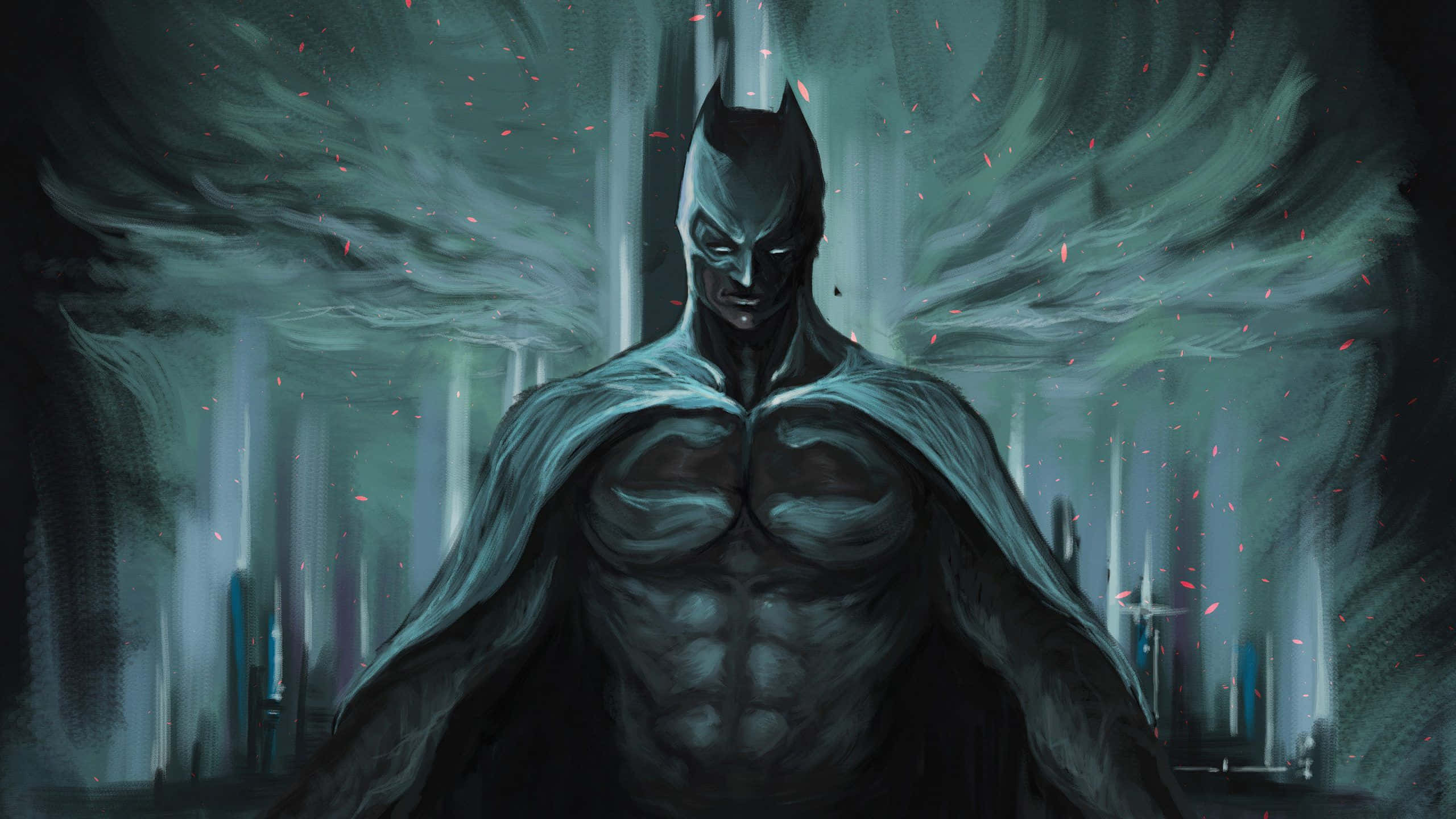 Batman, stormy, teal-hued cityscape, 2K Desktop Wallpaper