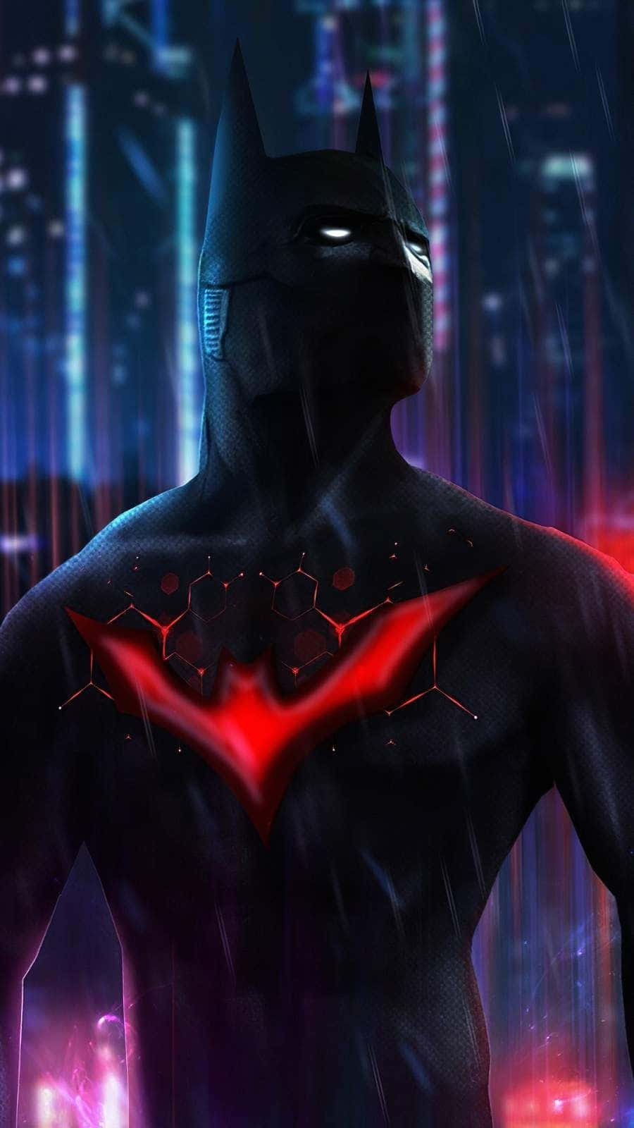 Batman, neon-lit cityscape, glowing red bat symbol, HD Phone Wallpaper