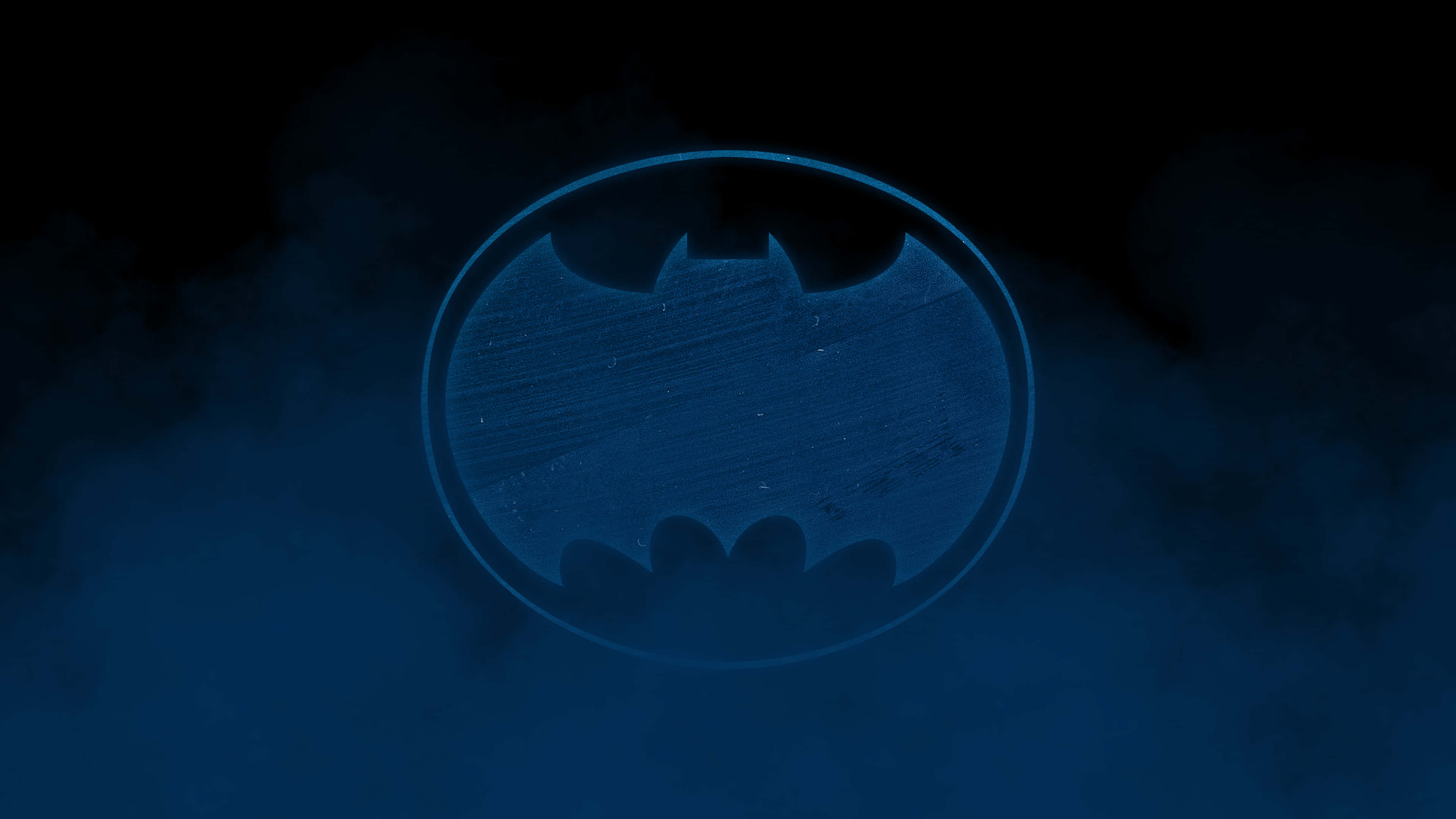 Batman The Dark Knight Returns, glowing blue bat symbol, swirling mist, 4K Desktop Wallpaper