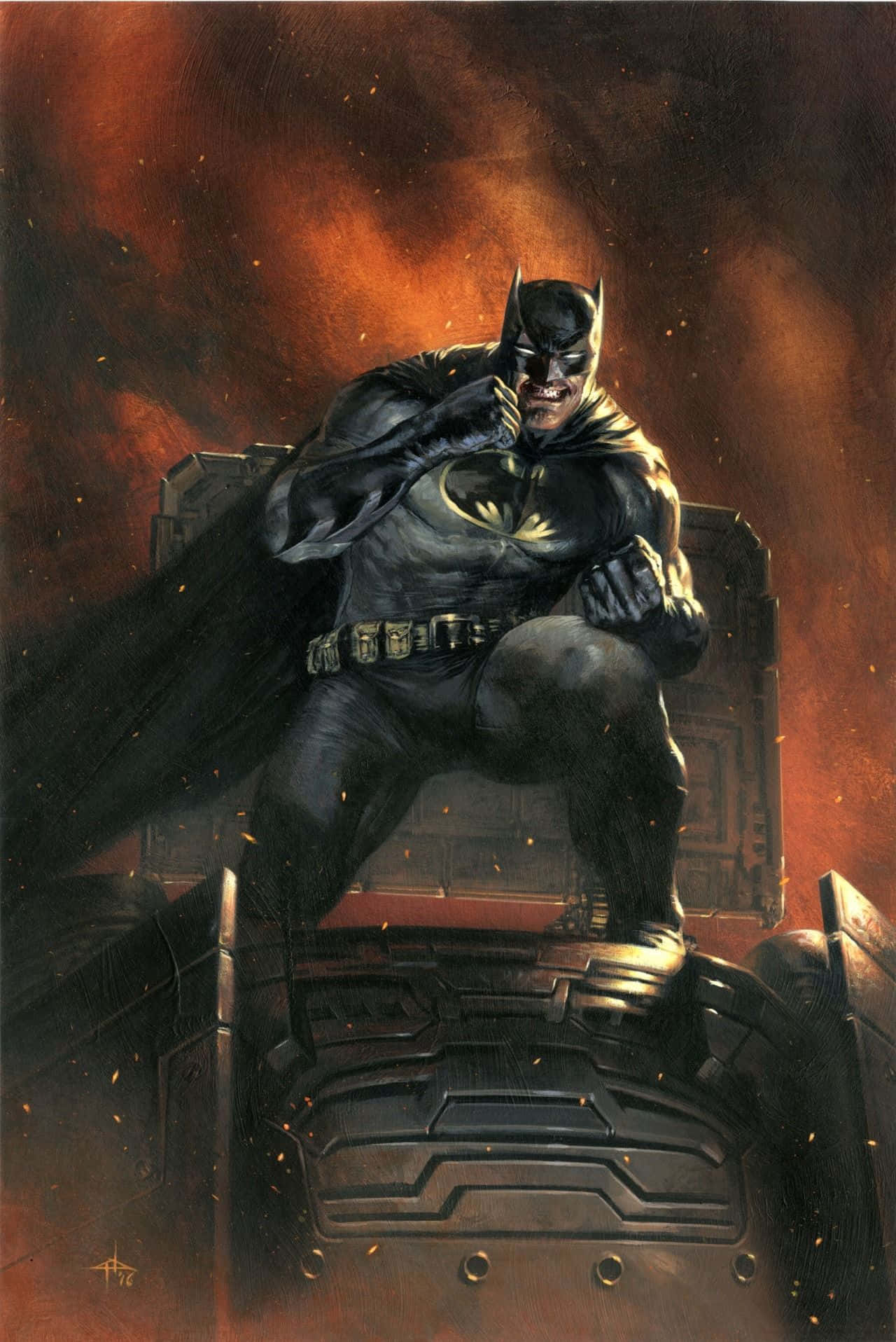 Batman The Dark Knight Returns, armored vehicle, fiery orange and black sky, HD Phone Wallpaper