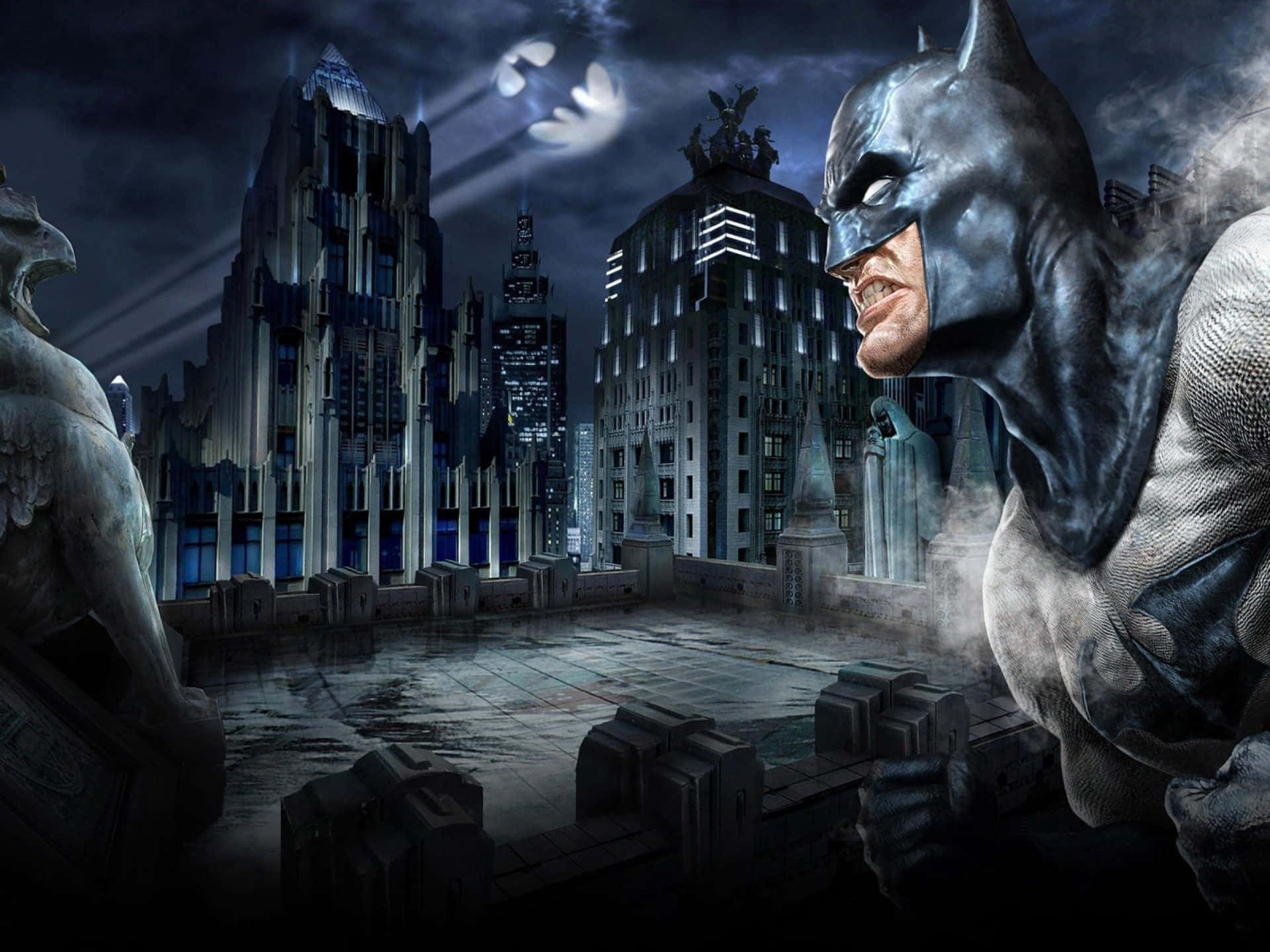 The Dark Knight Returns, Batman, rain-slicked rooftop, Full HD Desktop Wallpaper