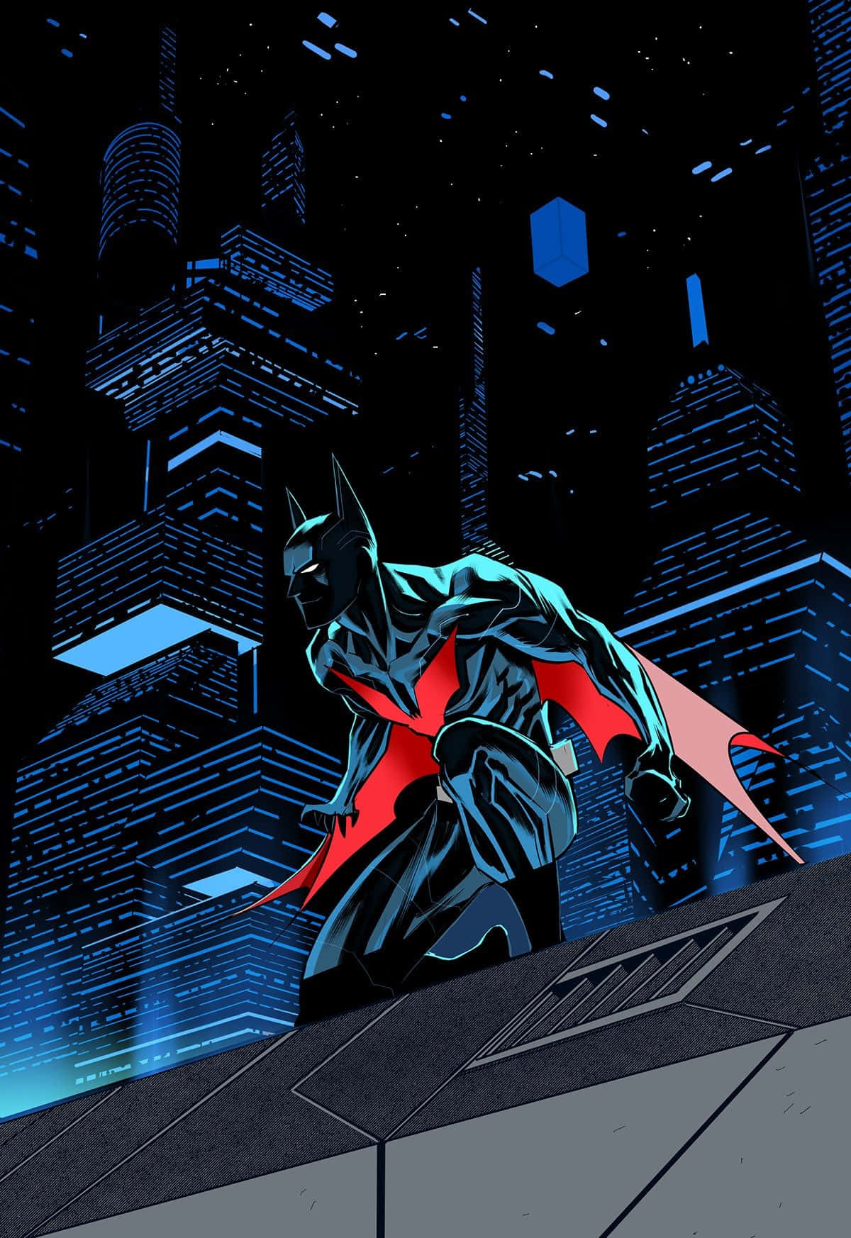 Batman The New 52, rooftop, neon blue cityscape, HD Phone Wallpaper
