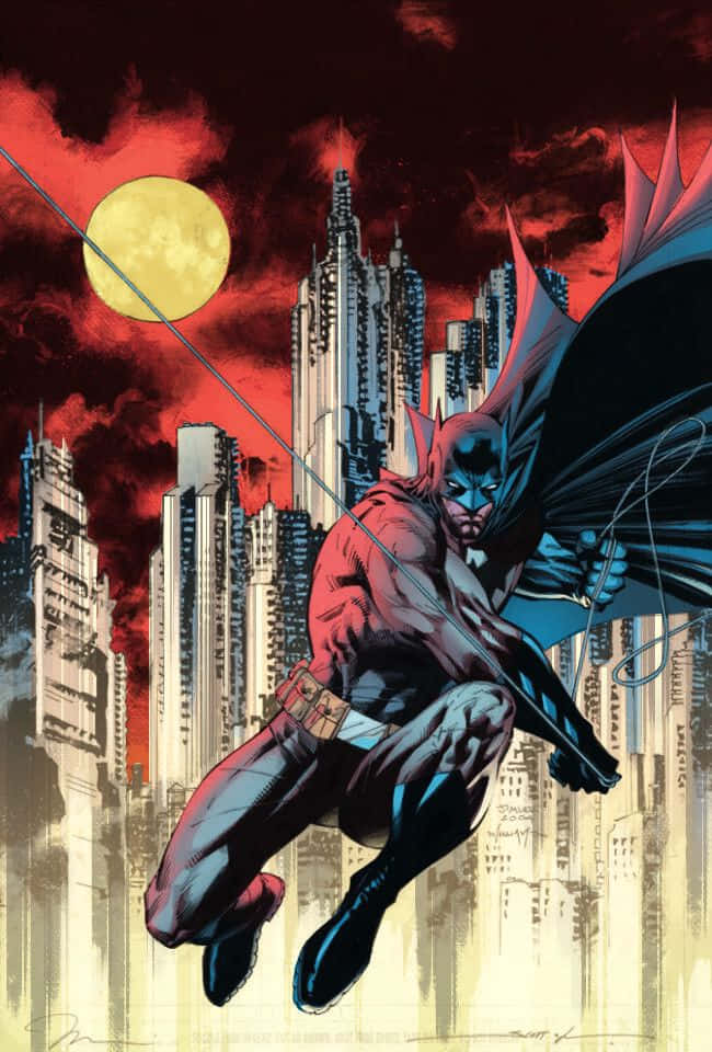 Batman The New 52, crimson sky, towering cityscape, SD Phone Wallpaper