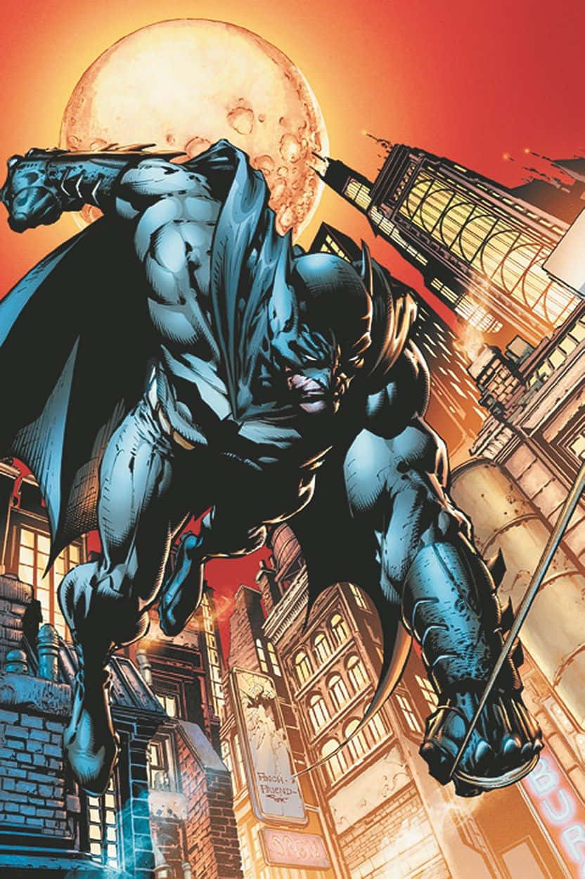 Batman The New 52, fiery orange cityscape, giant glowing moon, SD Phone Wallpaper