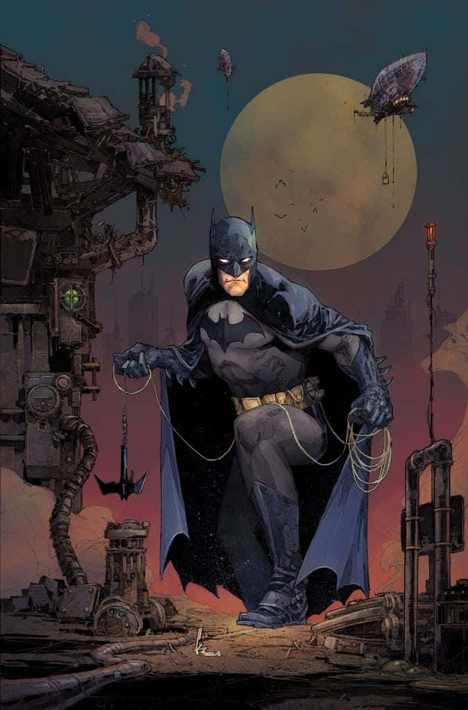Batman The New 52, ruined rooftop, giant moon, SD Phone Wallpaper