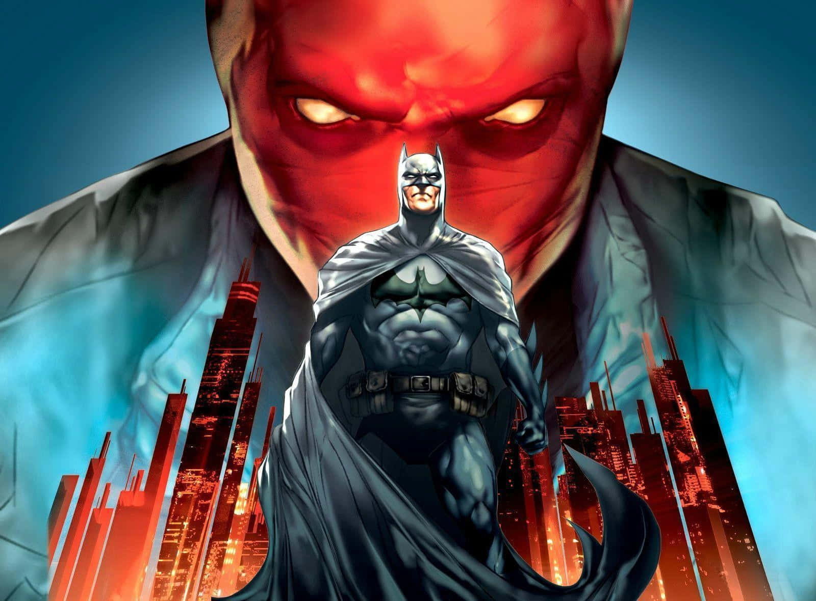 Batman, Red Hood, fiery city skyline, HD Desktop Wallpaper
