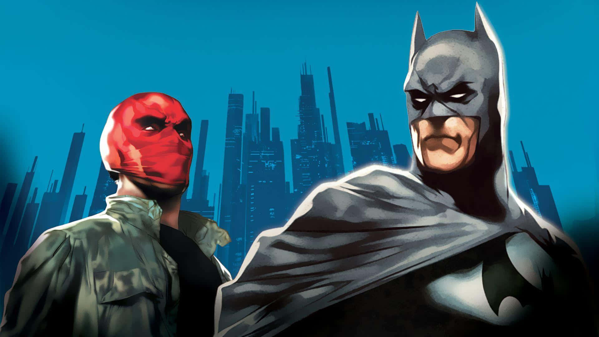 Batman, Red Hood, dark blue city skyline, Full HD Desktop Wallpaper