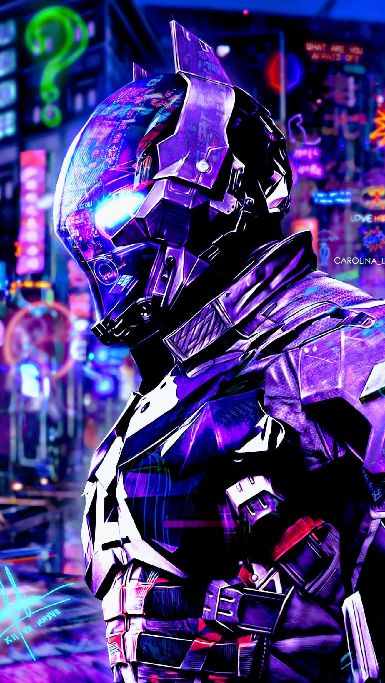 Batman Under The Red Hood, glowing purple armored suit, neon-lit futuristic cityscape, Full HD Phone Wallpaper