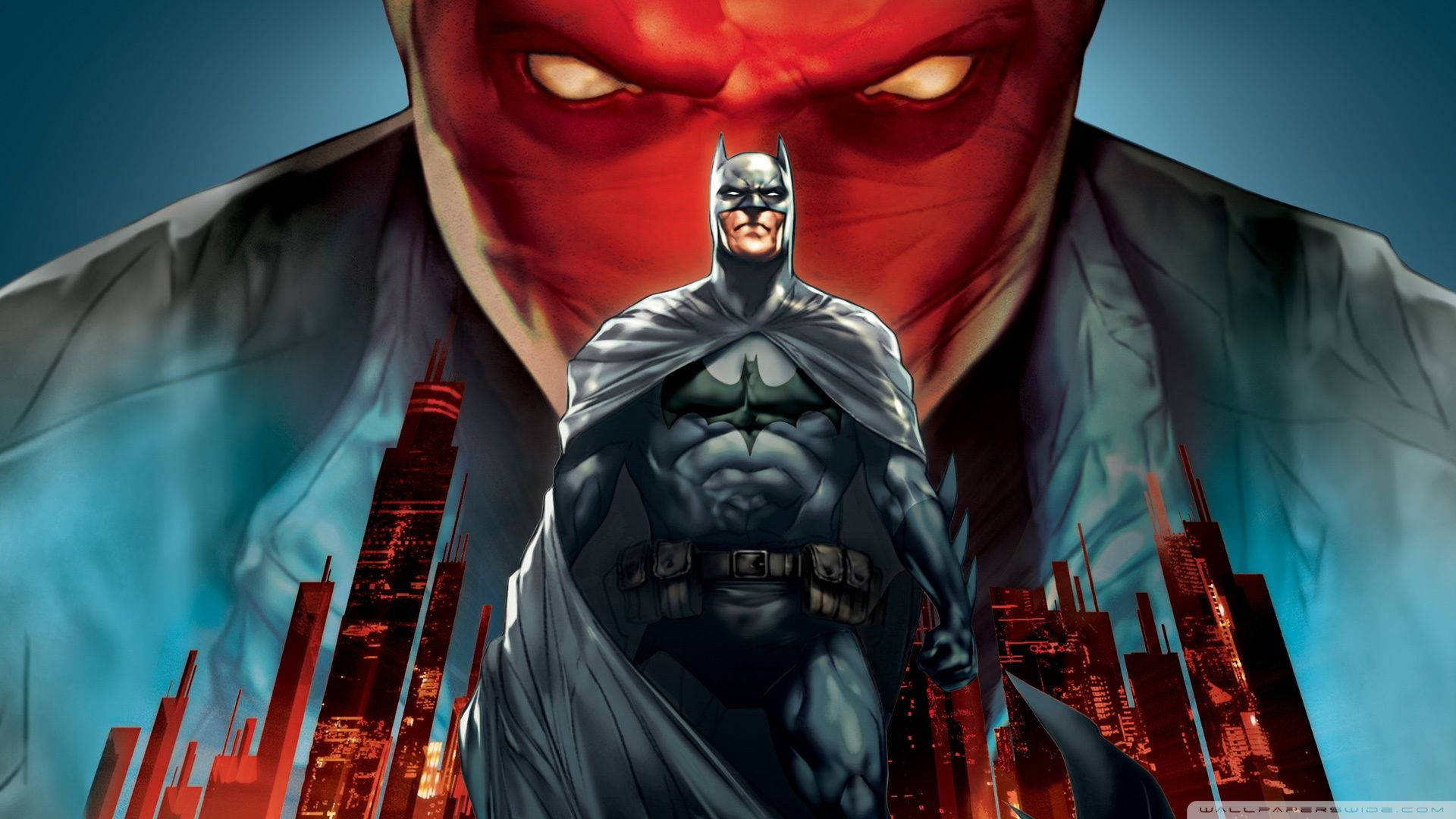 Red Hood, Batman, glowing city skyline, Full HD Desktop Wallpaper