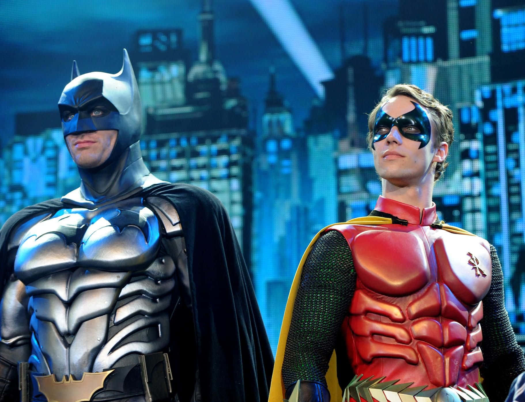 Batman, Robin, glowing blue city skyline, HD Desktop Wallpaper
