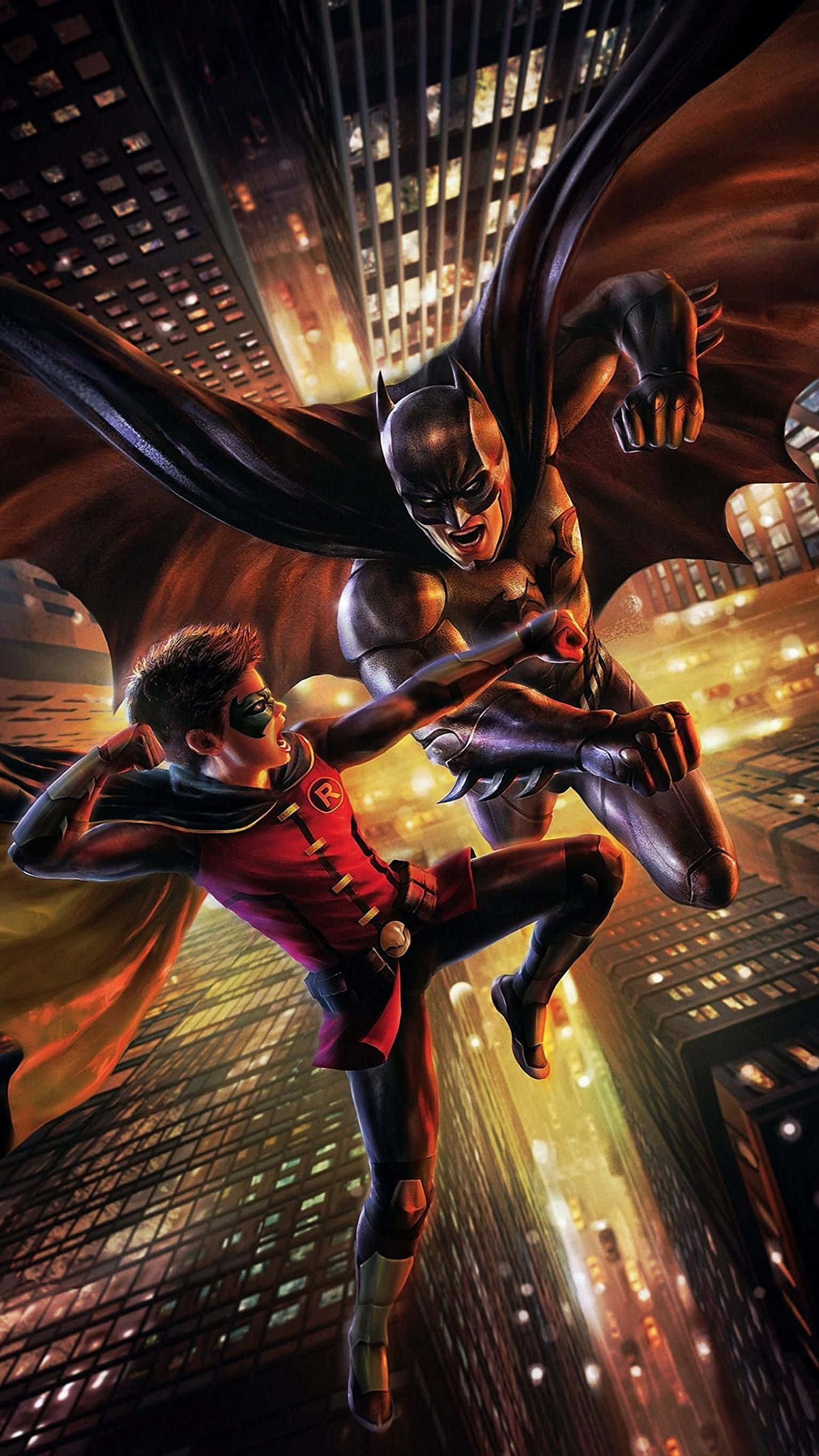 Batman, Robin, glowing cityscape, 2K Phone Wallpaper