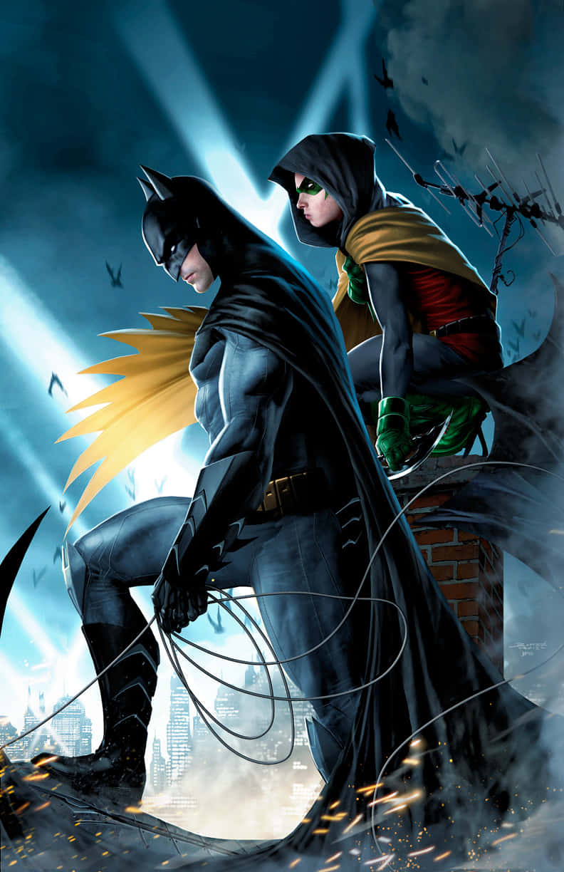 Batman, Robin, rooftop, SD Phone Wallpaper