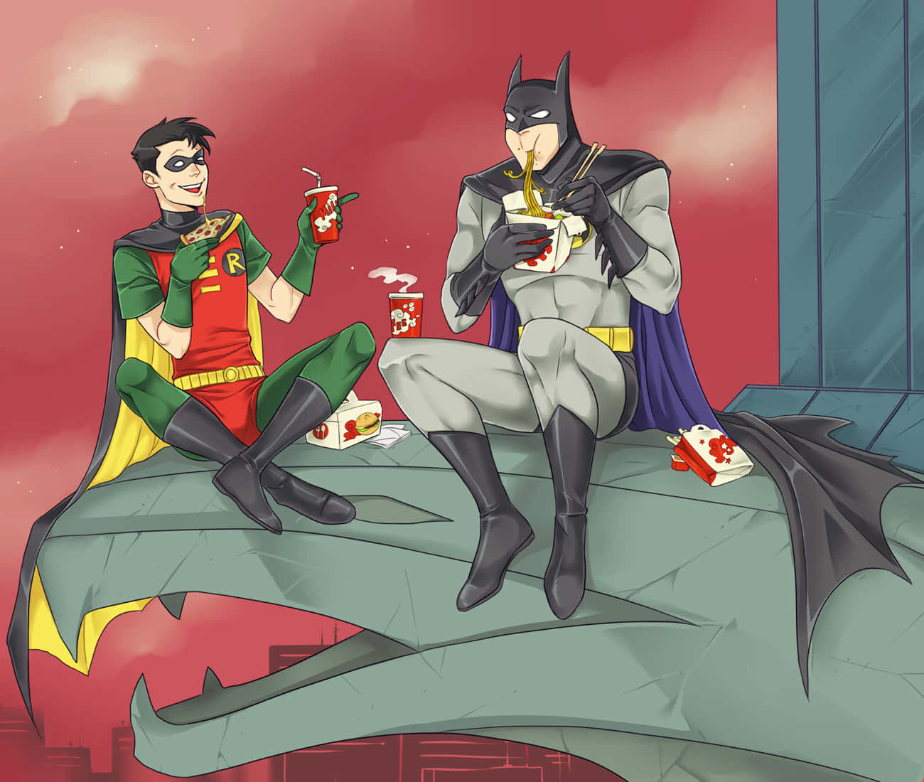 Batman, Robin, bat-shaped rooftop, HD Desktop Wallpaper