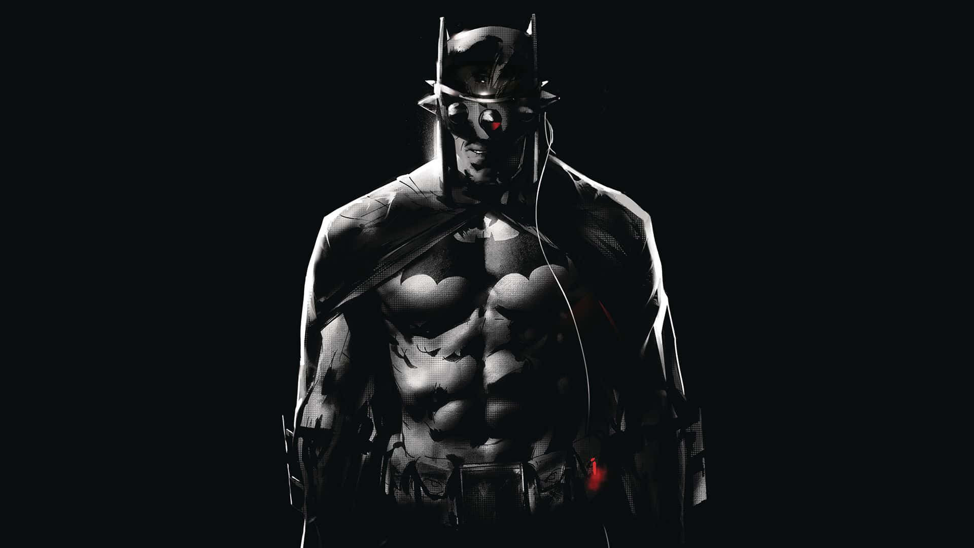 Batman Who Laughs, glowing red eyes, shadowed silhouette, Full HD Desktop Wallpaper