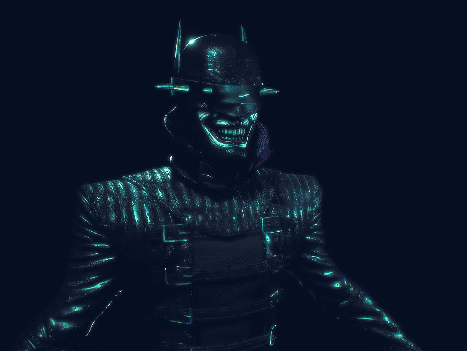 Batman Who Laughs, glowing teal bat-themed helmet, armored suit, Full HD Desktop Wallpaper