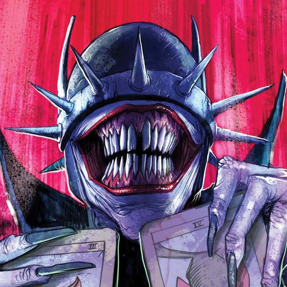 Batman Who Laughs, spiky helmeted figure, wide toothy grin, SD Desktop Wallpaper