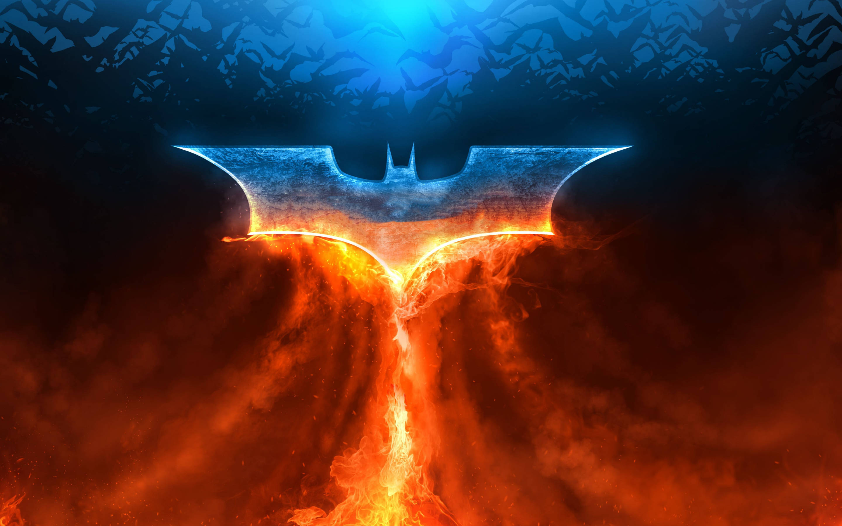 Batman Logo, glowing blue bat symbol, fiery orange flames, 2K Desktop Wallpaper