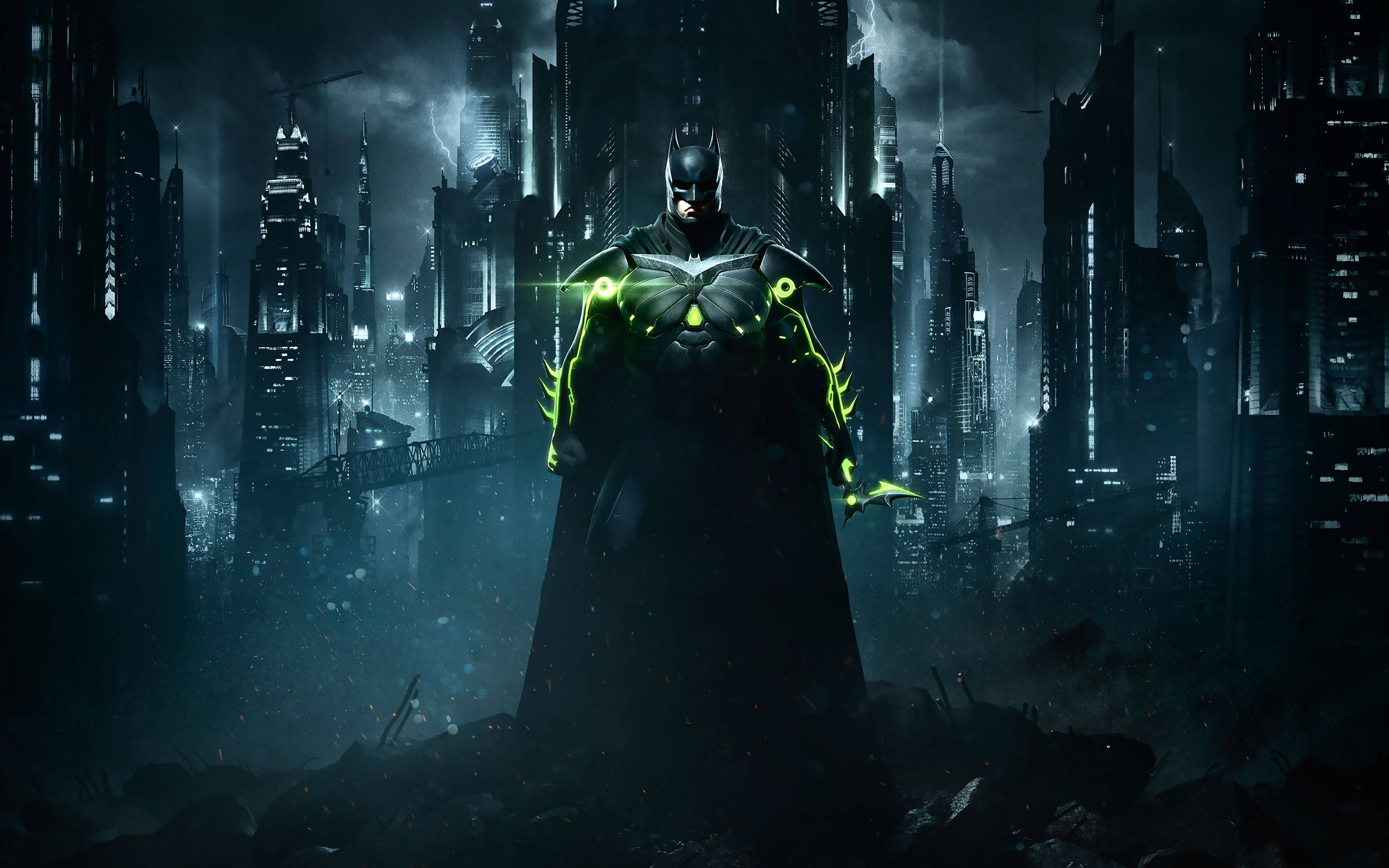 Batman, glowing green energy, dark rain-soaked cityscape, 4K Desktop Wallpaper
