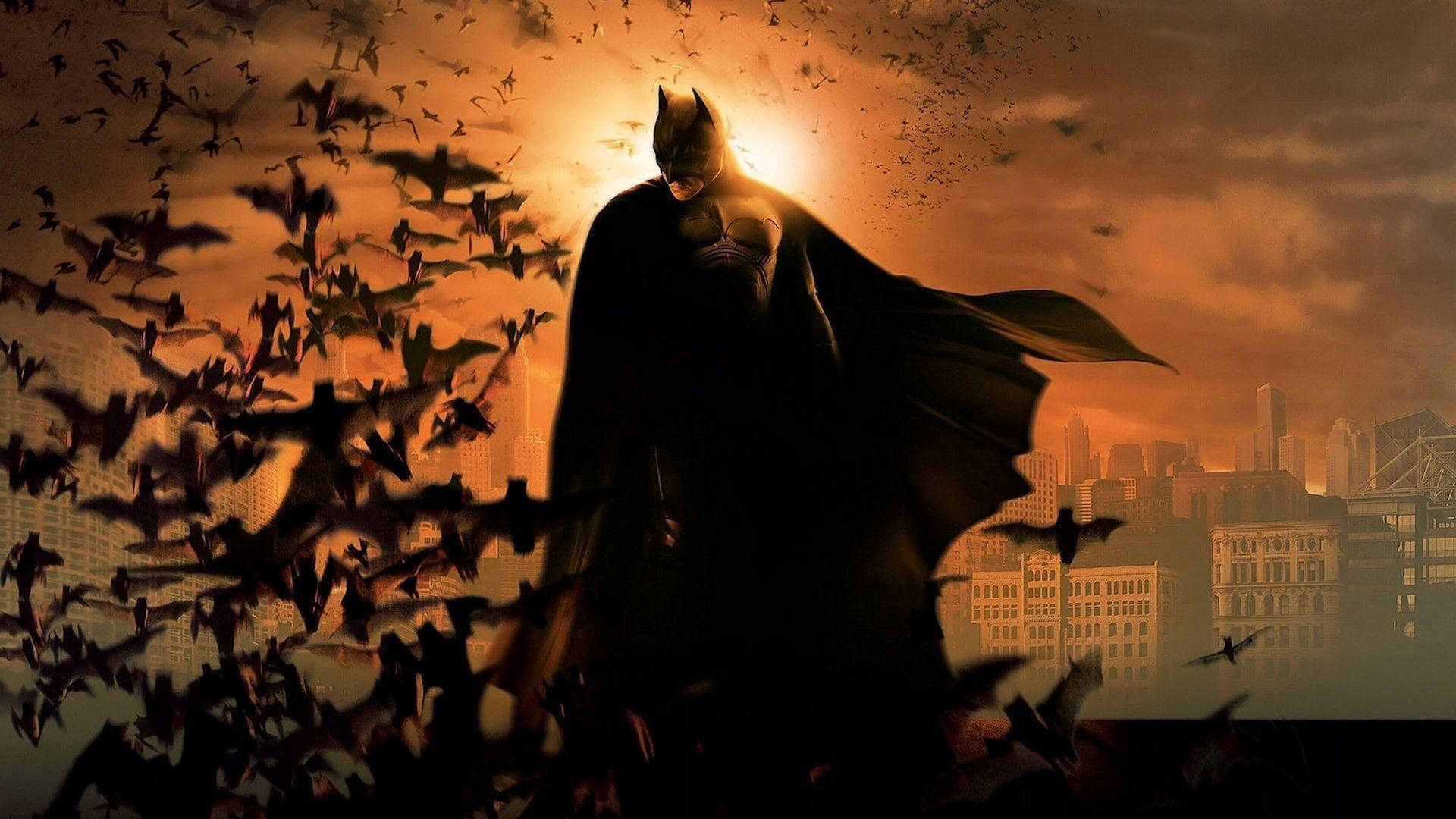 Batman, bats, glowing orange sunset, Full HD Desktop Wallpaper