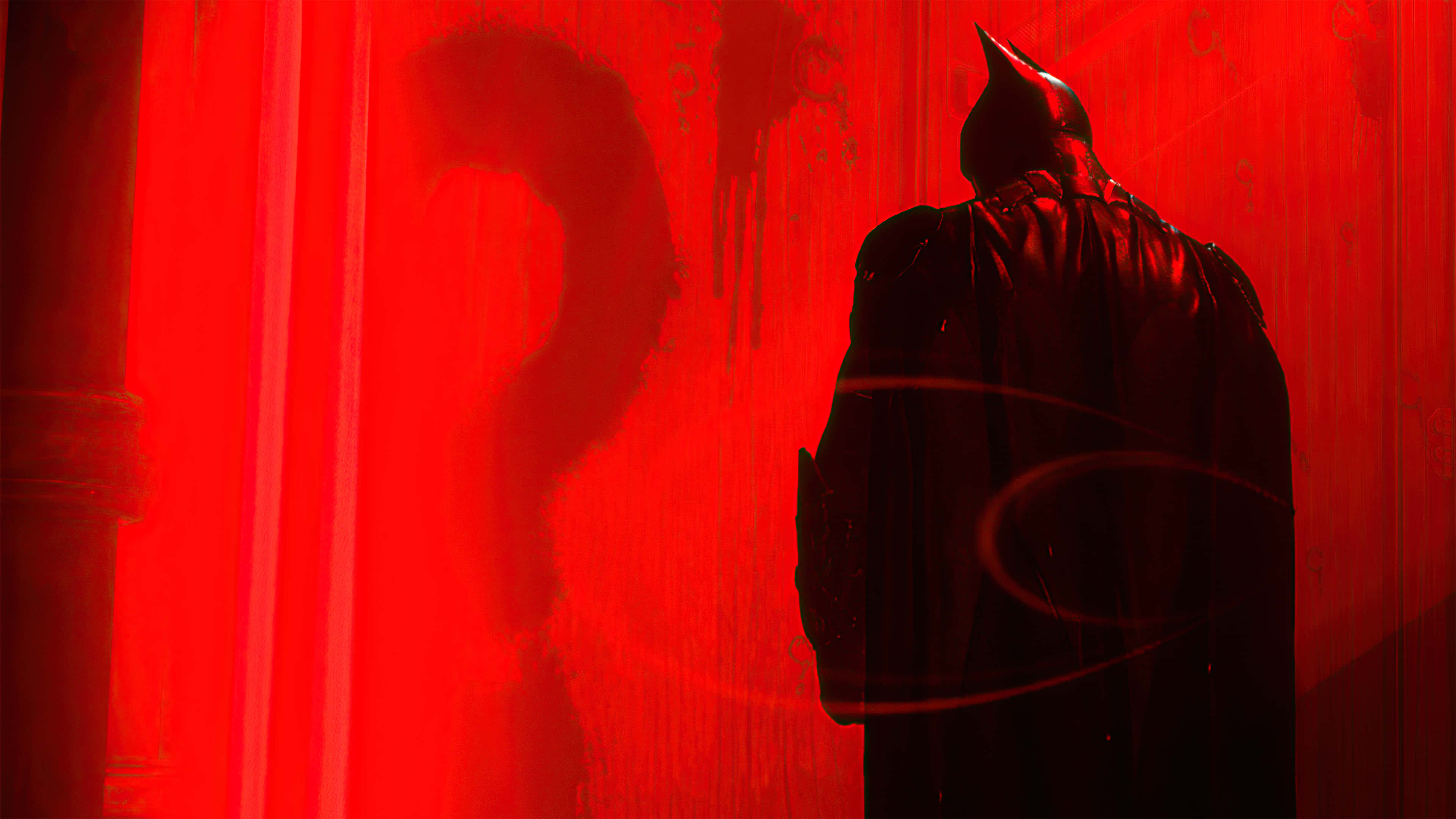 Batman, blood-red wall, question mark shadow, 4K Desktop Wallpaper
