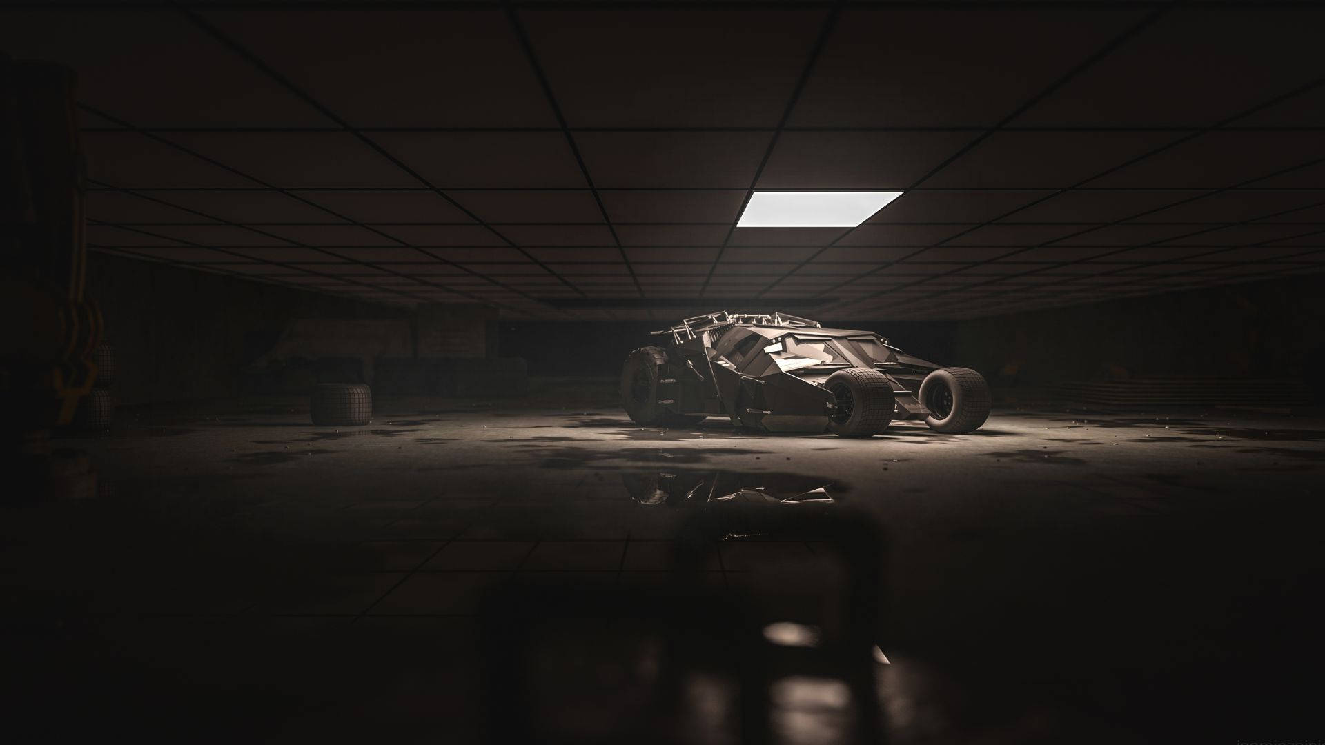 Batmobile, underground garage, dimly lit, Full HD Desktop Wallpaper