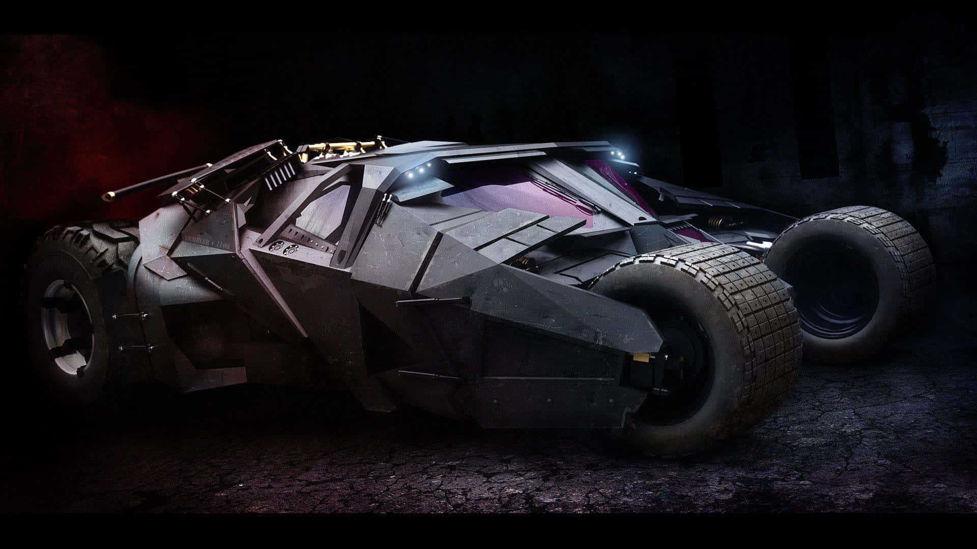 Batmobile, glowing lights, dark gritty urban alley, Full HD Desktop Wallpaper
