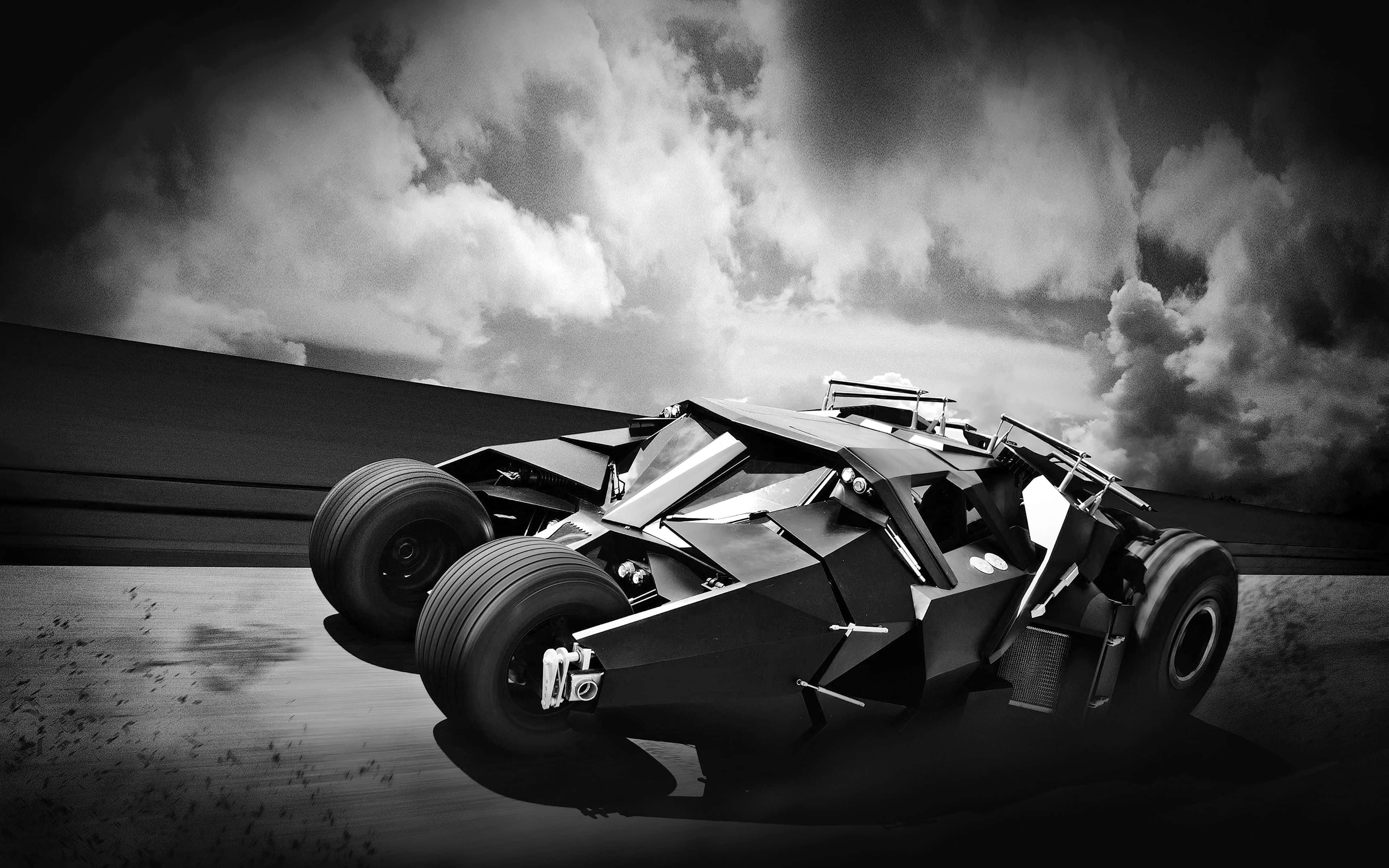 Batmobile, black-and-white, wet road, 4K Desktop Wallpaper