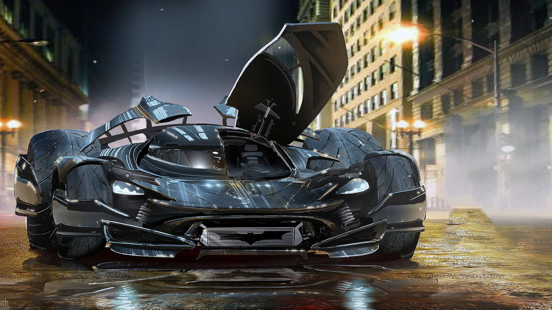 Batmobile, metallic black, gull-wing doors, Full HD Desktop Wallpaper