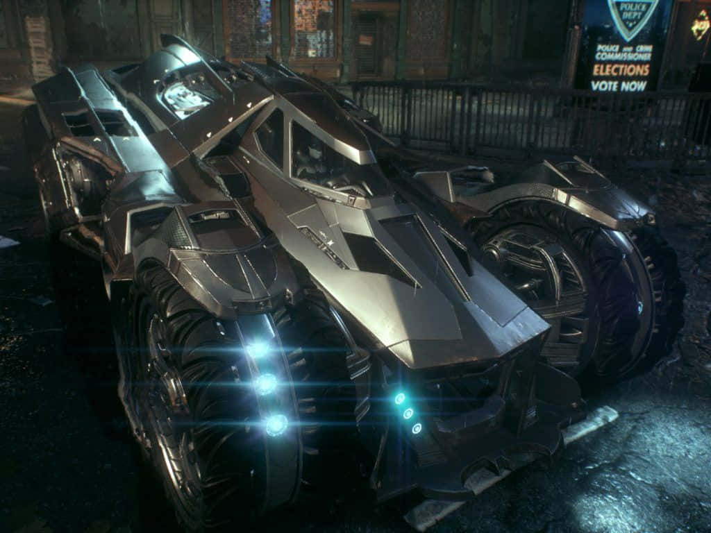 Batmobile, glowing blue headlights, wet city street, SD Desktop Wallpaper