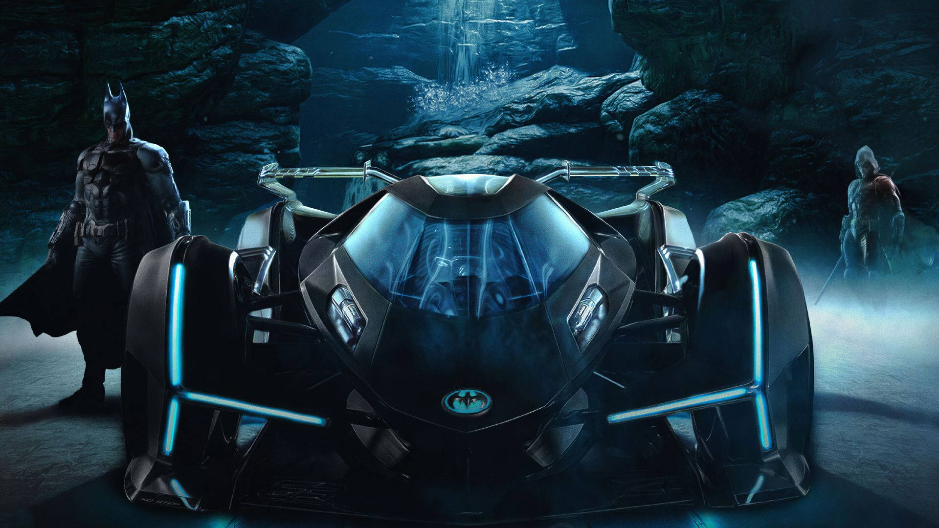 Batmobile, glowing blue, dark misty cave, Full HD Desktop Wallpaper