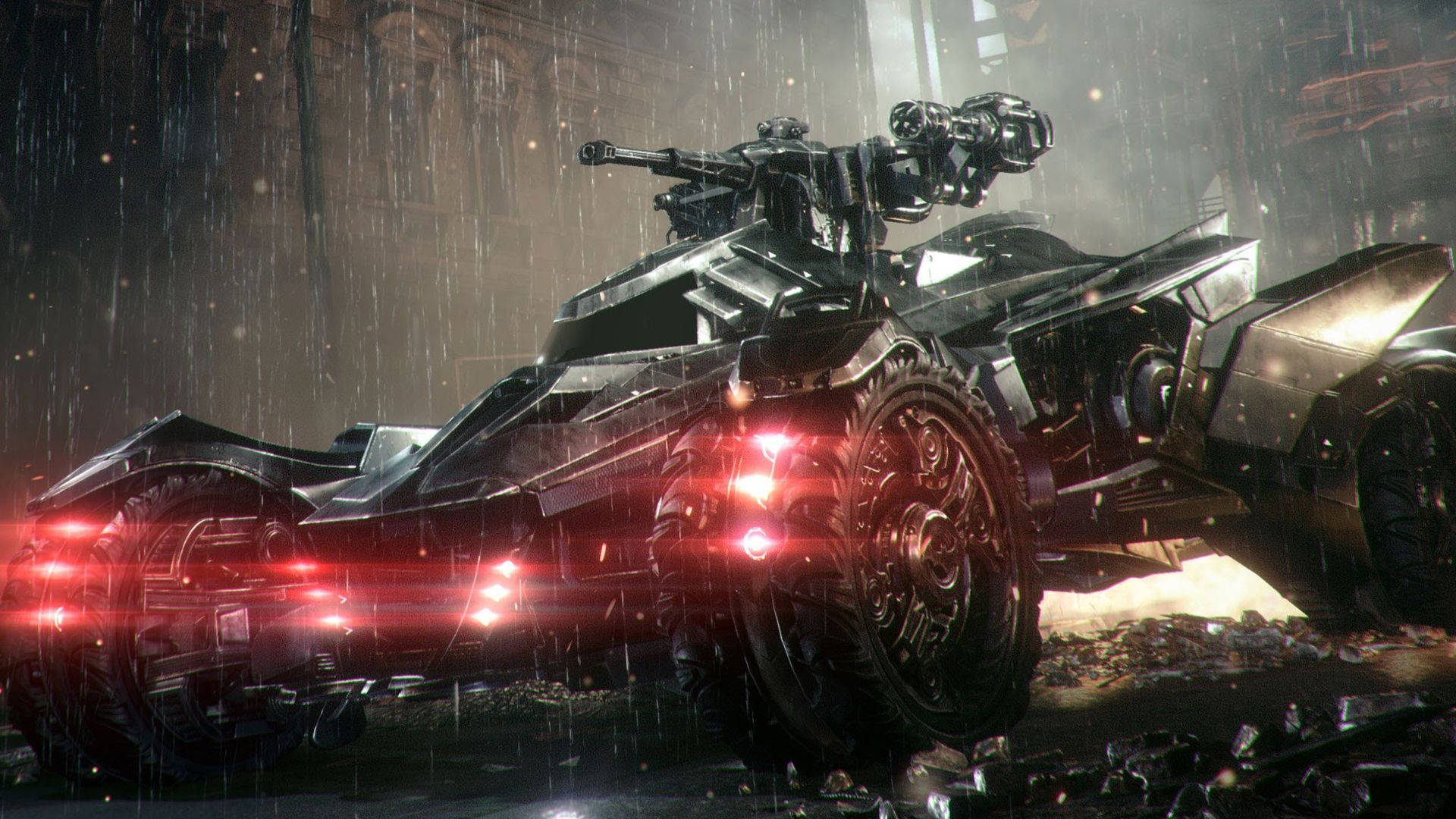 Batmobile, sleek black armored, glowing red lights, Full HD Desktop Wallpaper