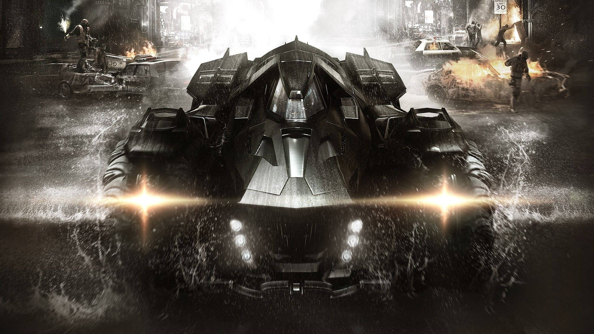 Batmobile, glowing headlights, rain-soaked urban battlefield, Full HD Desktop Wallpaper