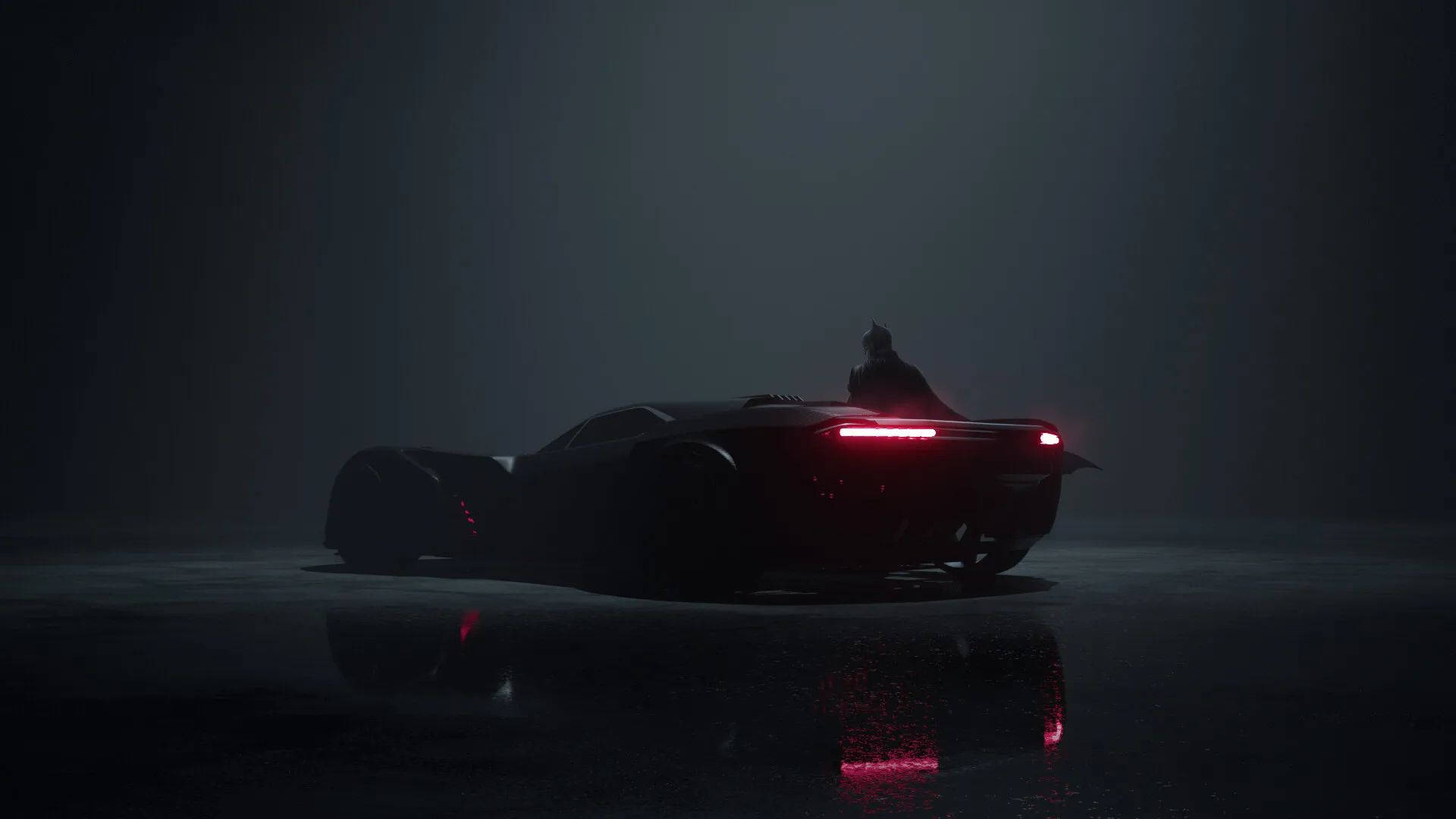 Batmobile, glowing red taillights, wet pavement, Full HD Desktop Wallpaper