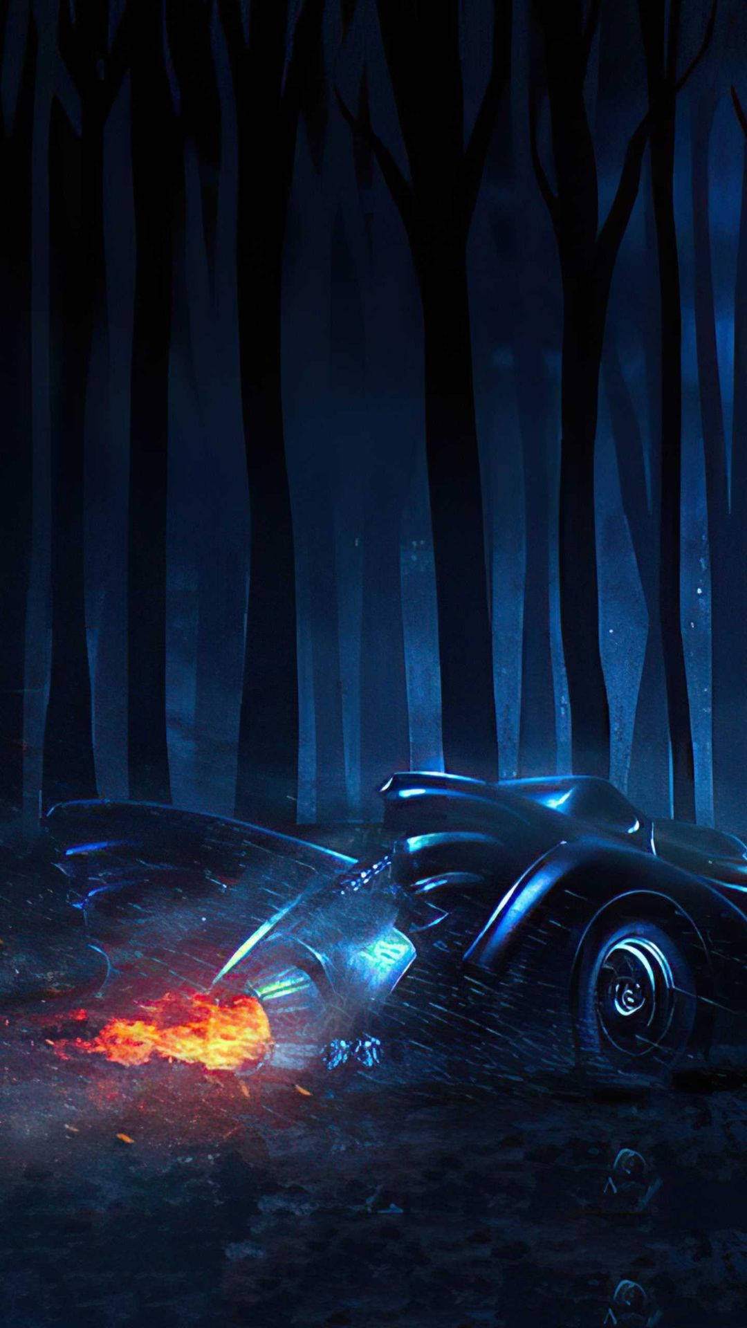 Batmobile, black, fiery orange exhaust, Full HD Phone Wallpaper