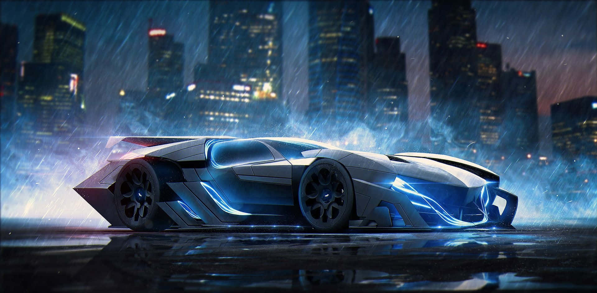 Batmobile, blue neon lights, rainy night, Full HD Desktop Wallpaper
