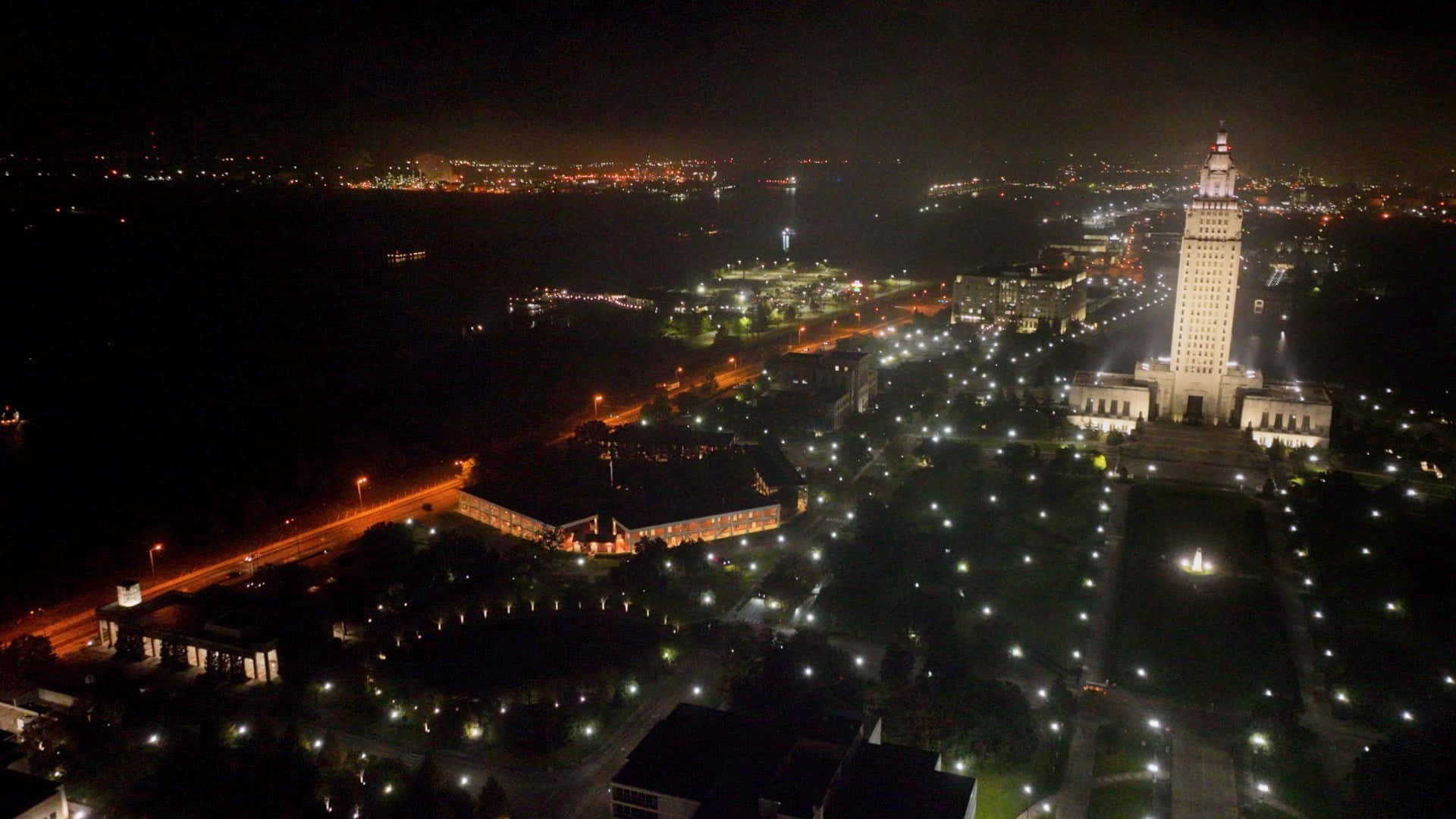 Baton Rouge, nighttime aerial view, illuminated university campus, Full HD Desktop Wallpaper