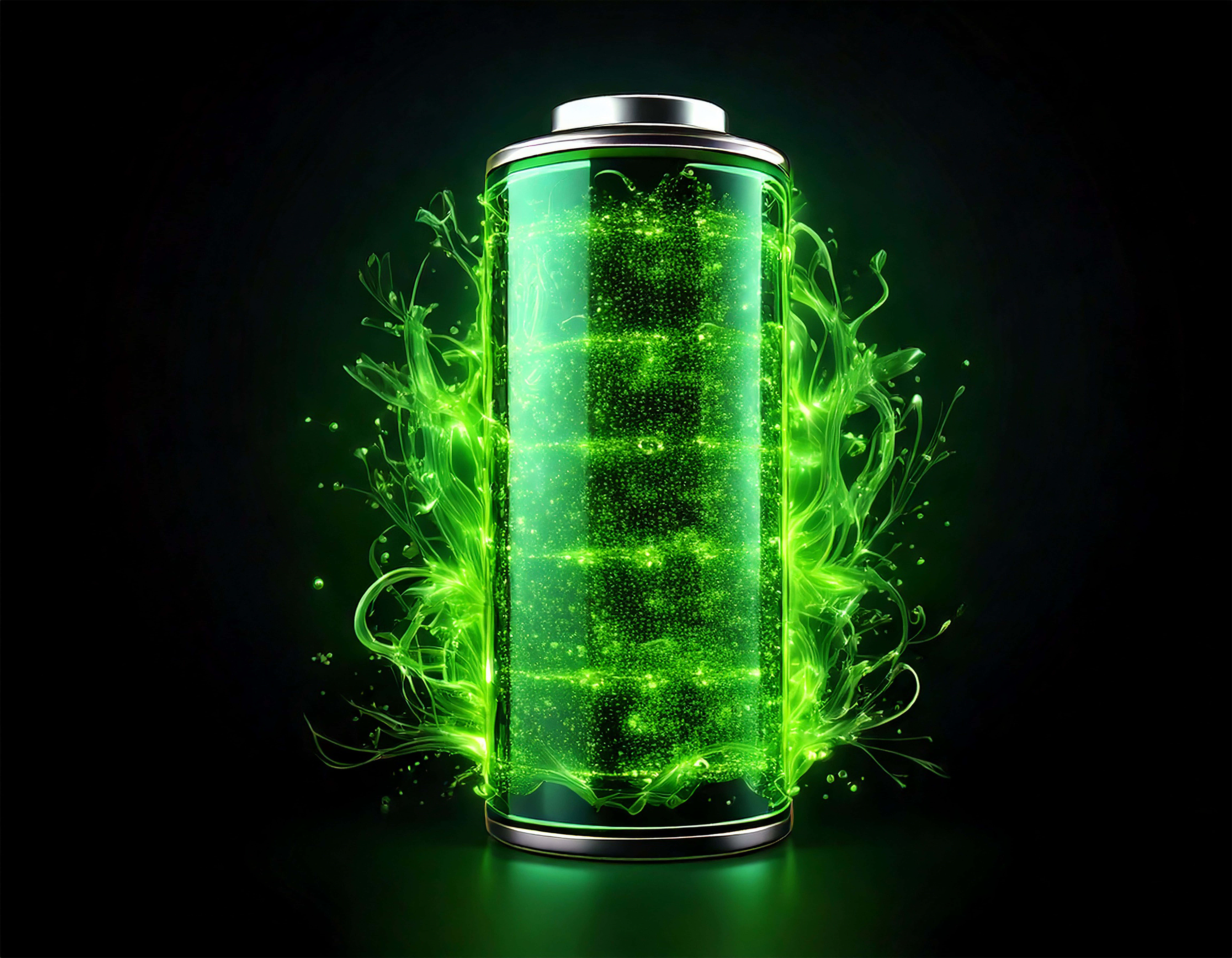 Battery, glowing green battery, vibrant liquid, 8K Desktop Wallpaper