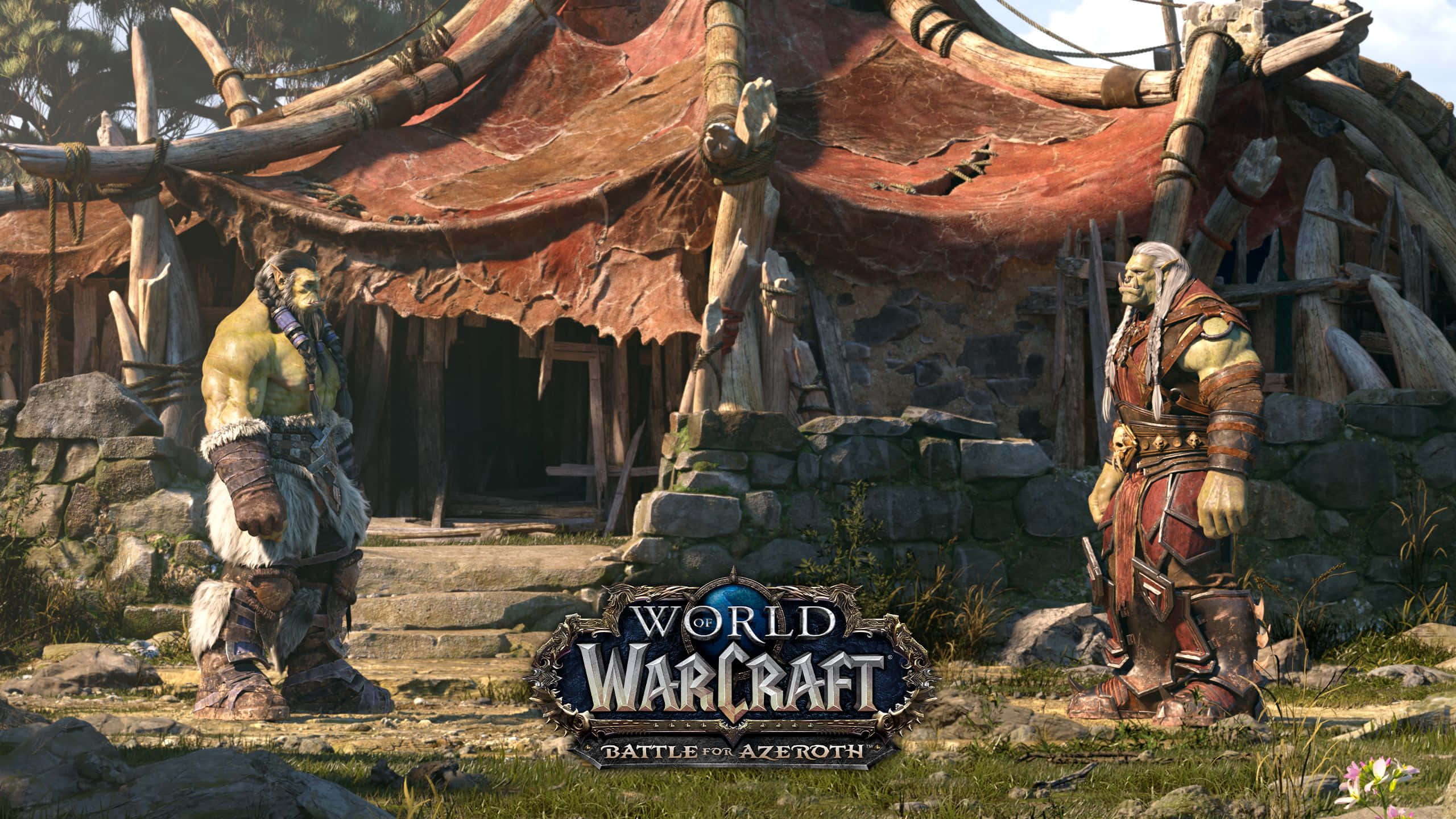 Battle for Azeroth, orc warriors, rustic stone hut, 2K Desktop Wallpaper