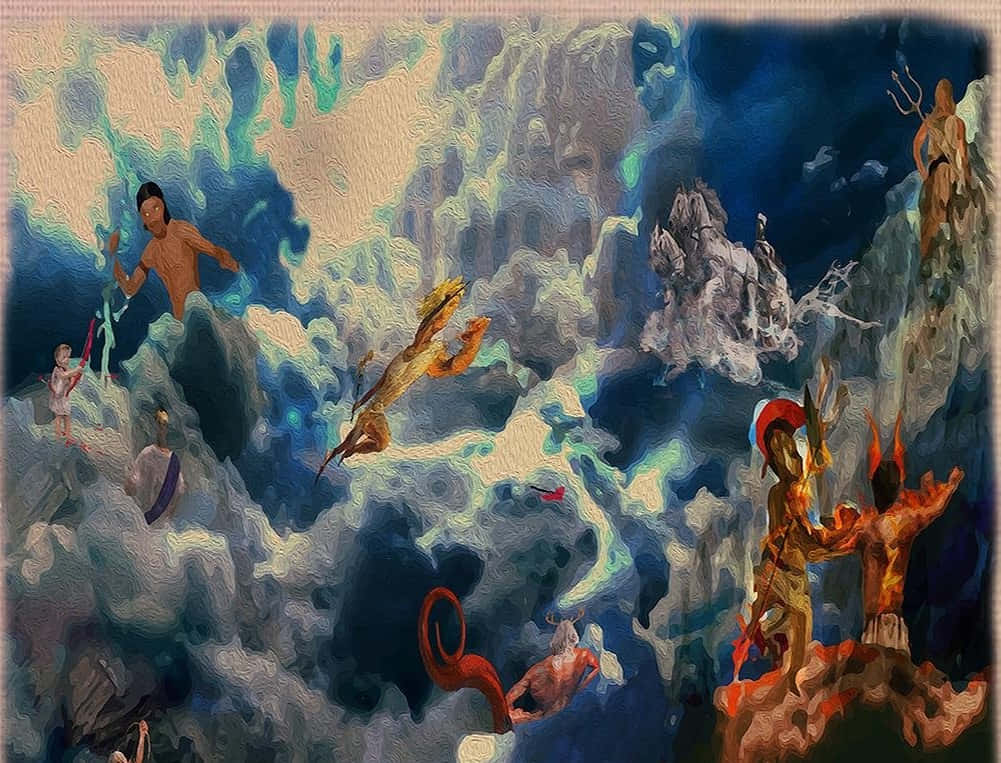 Battle Of Gods, surreal oil painting, mythological figures, SD Desktop Wallpaper