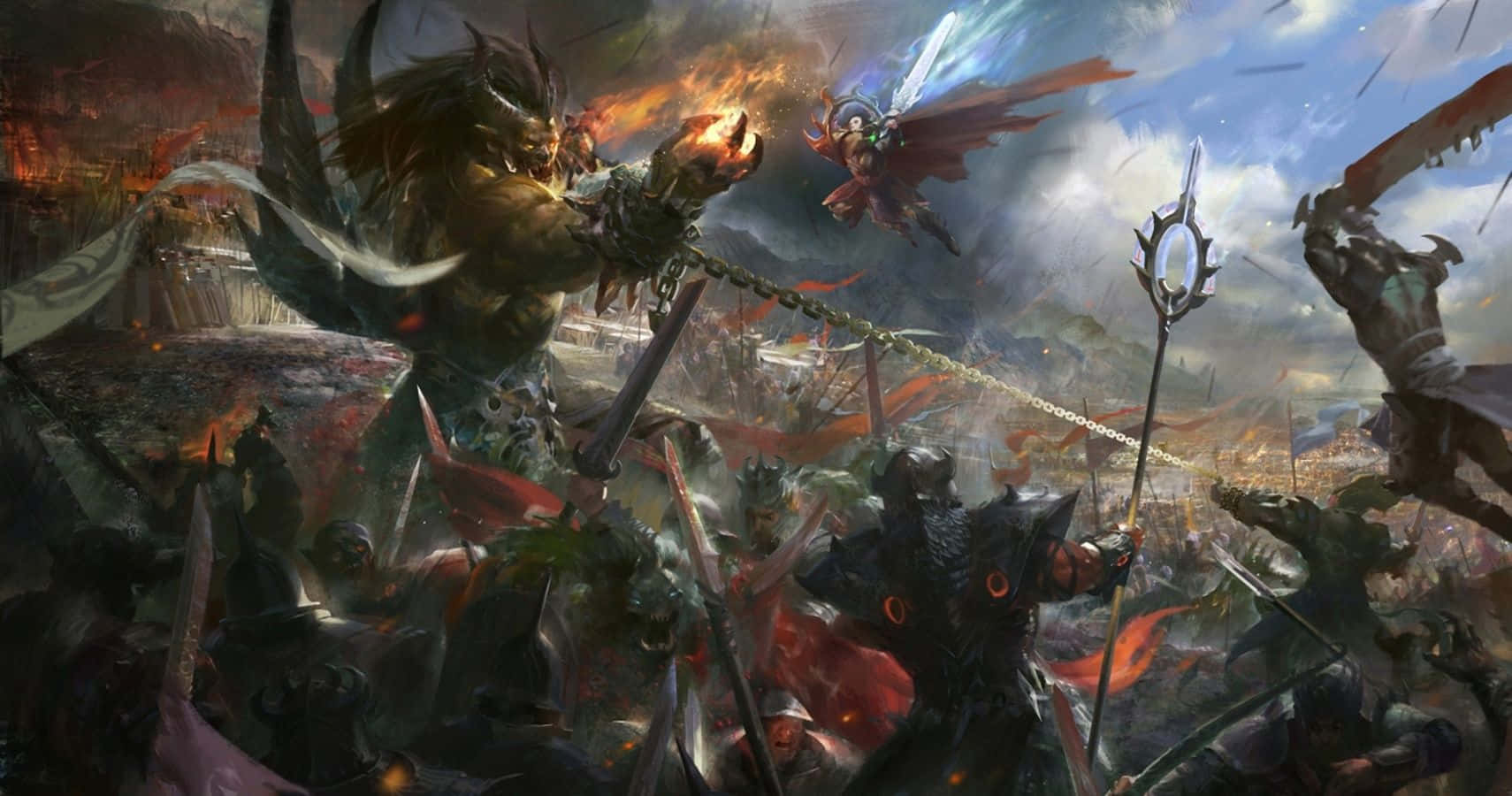 Battle of Gods, demonic warlord, flaming chain, HD Desktop Wallpaper